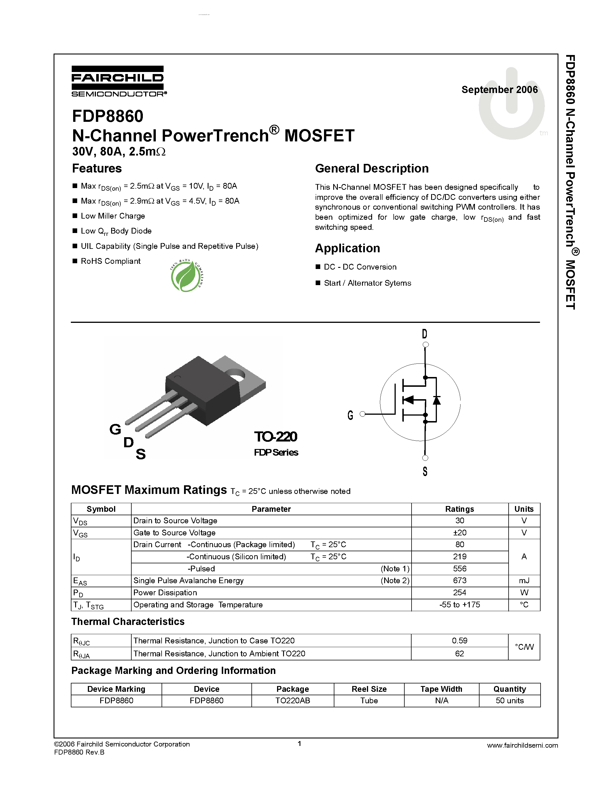 Datasheet FDP8860 - N-Channel PowerTrench MOSFET page 1
