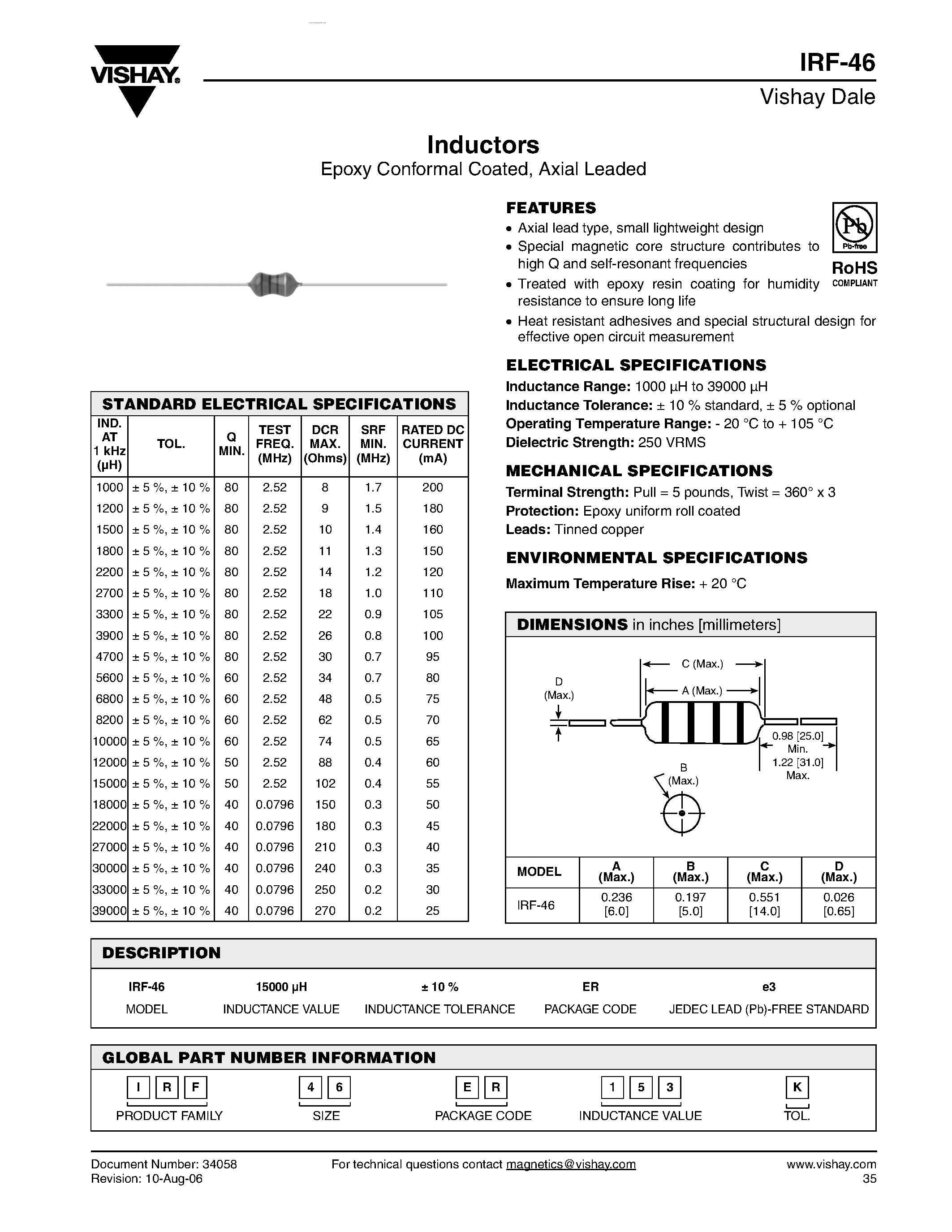 Datasheet IRF-46 page 1 Datasheet IRF-46 - Inductors Epoxy Conformal Coated page 1