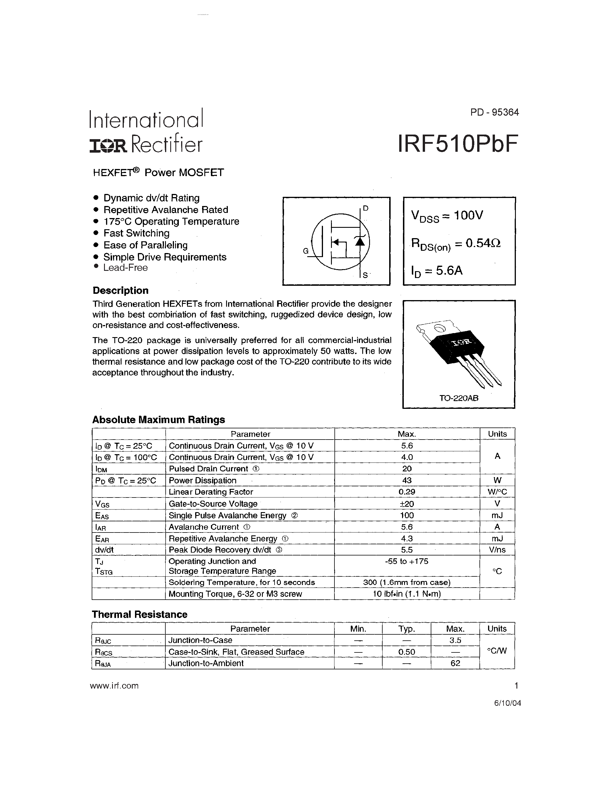 Datasheet IRF510PBF page 1 Datasheet IRF510PBF - HEXFET POWER MOSFET page 1