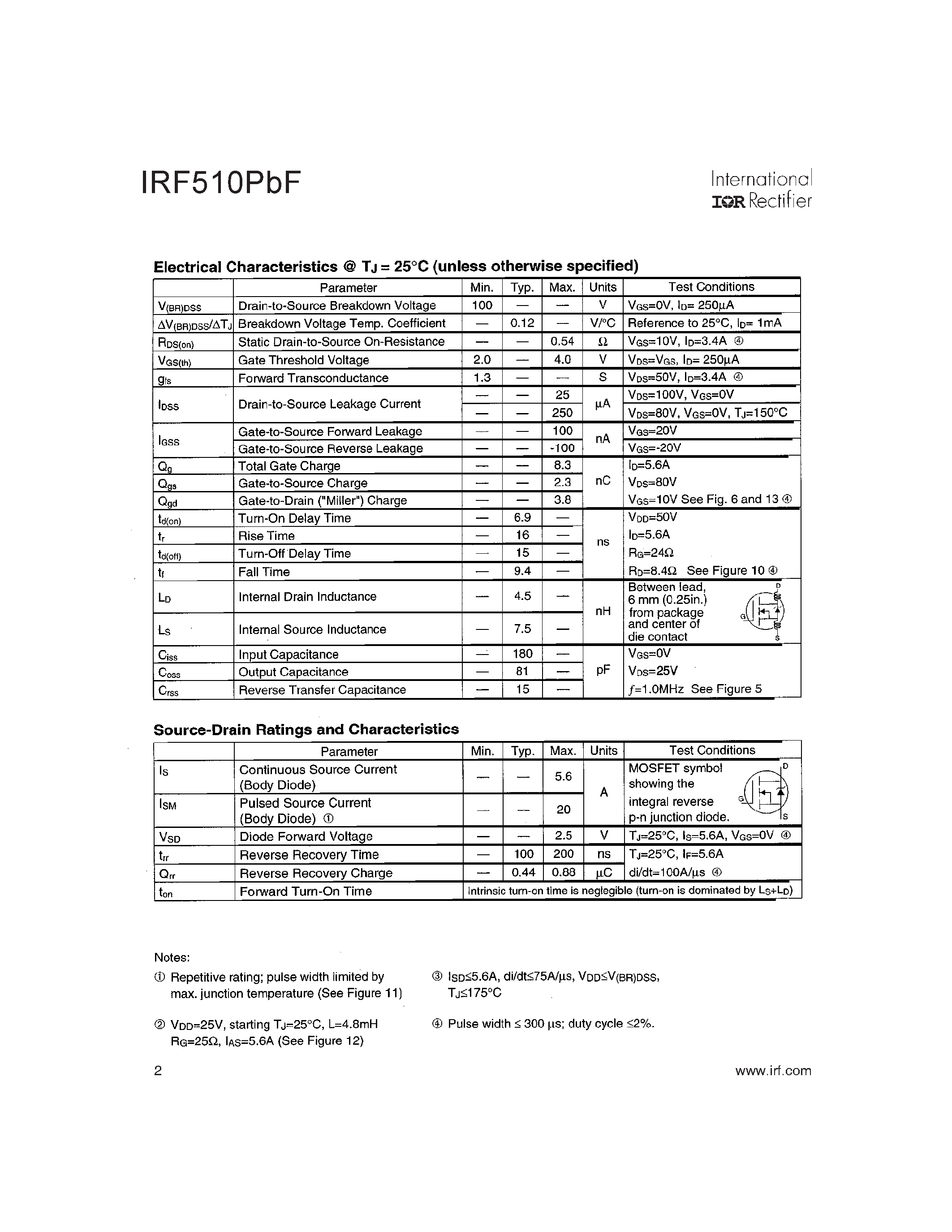 Datasheet IRF510PBF page 2 Datasheet IRF510PBF - HEXFET POWER MOSFET page 2