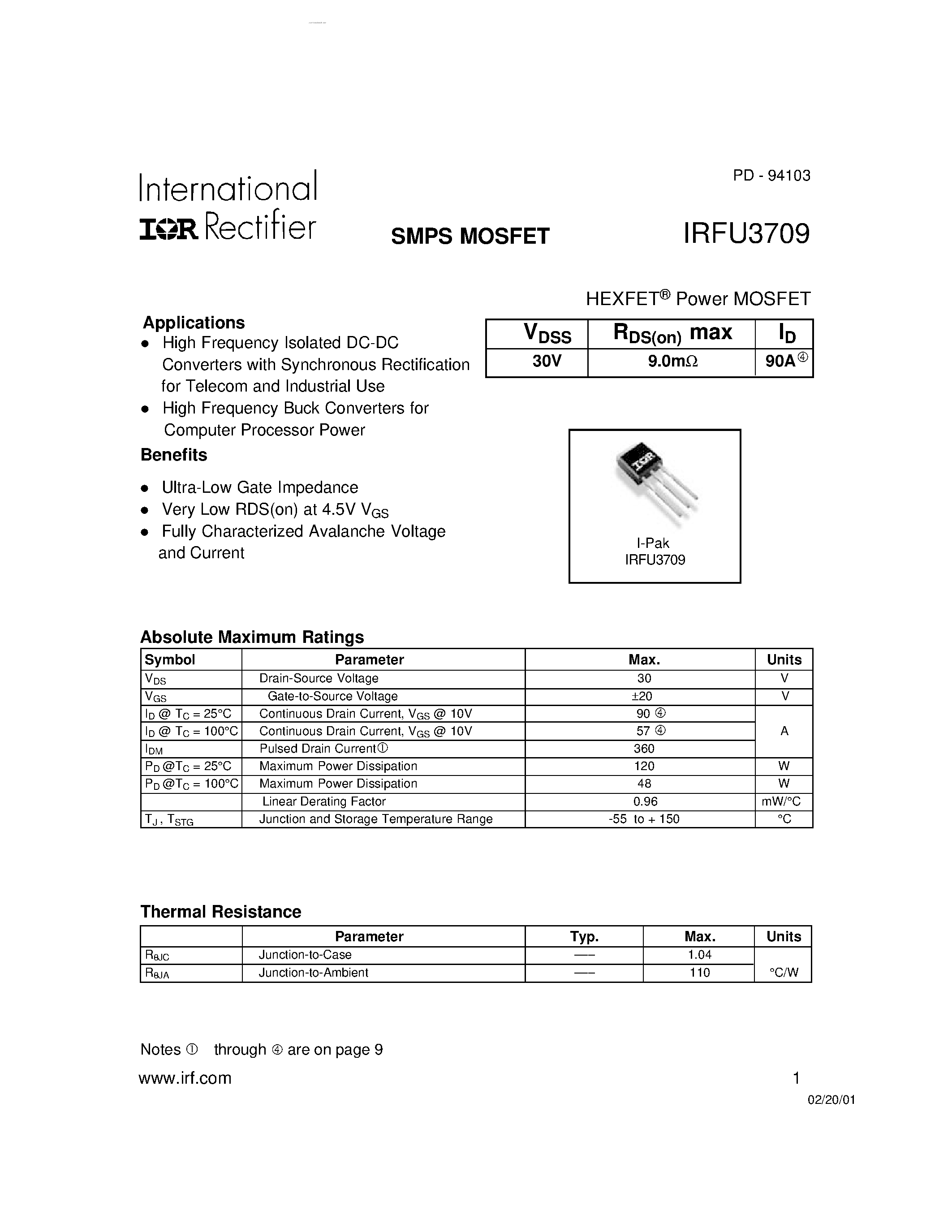 Datasheet IRFU3709 - SMPS MOSFET page 1