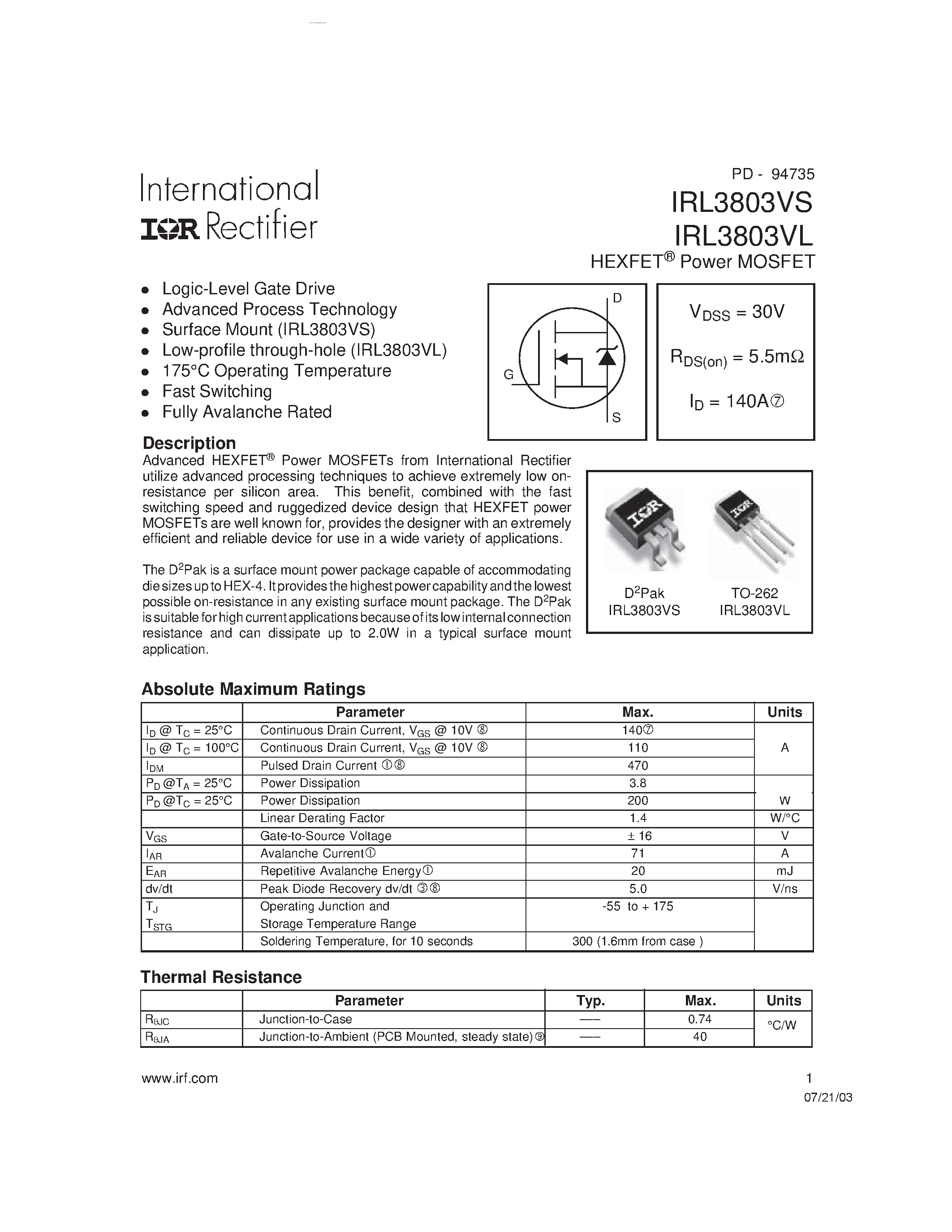 Datasheet IRL3803VL - (IRL3803Vx) HEXFET Power MOSFET page 1
