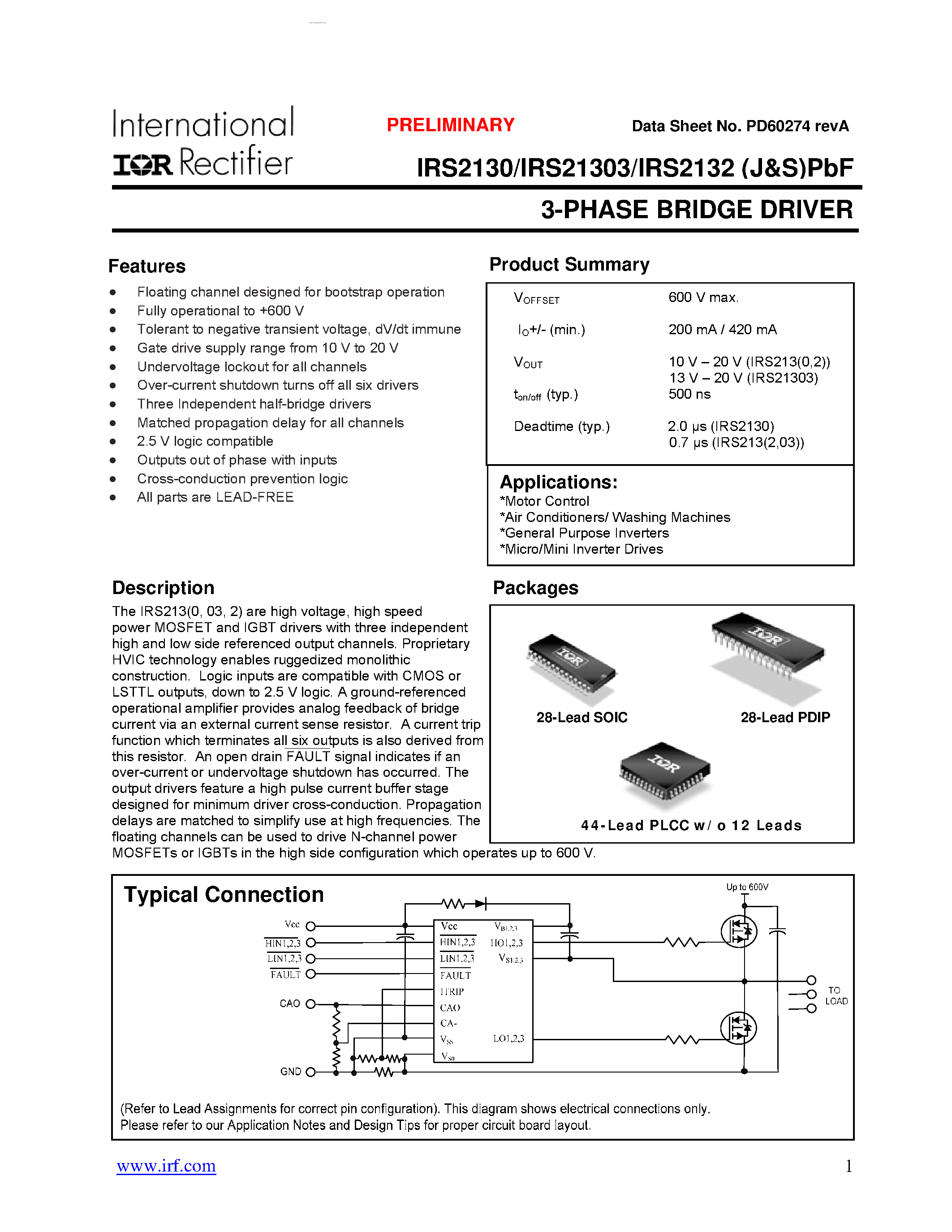 Datasheet IRS2130 - (IRS2130 - IRS2132) 3-PHASE BRIDGE DRIVER page 1