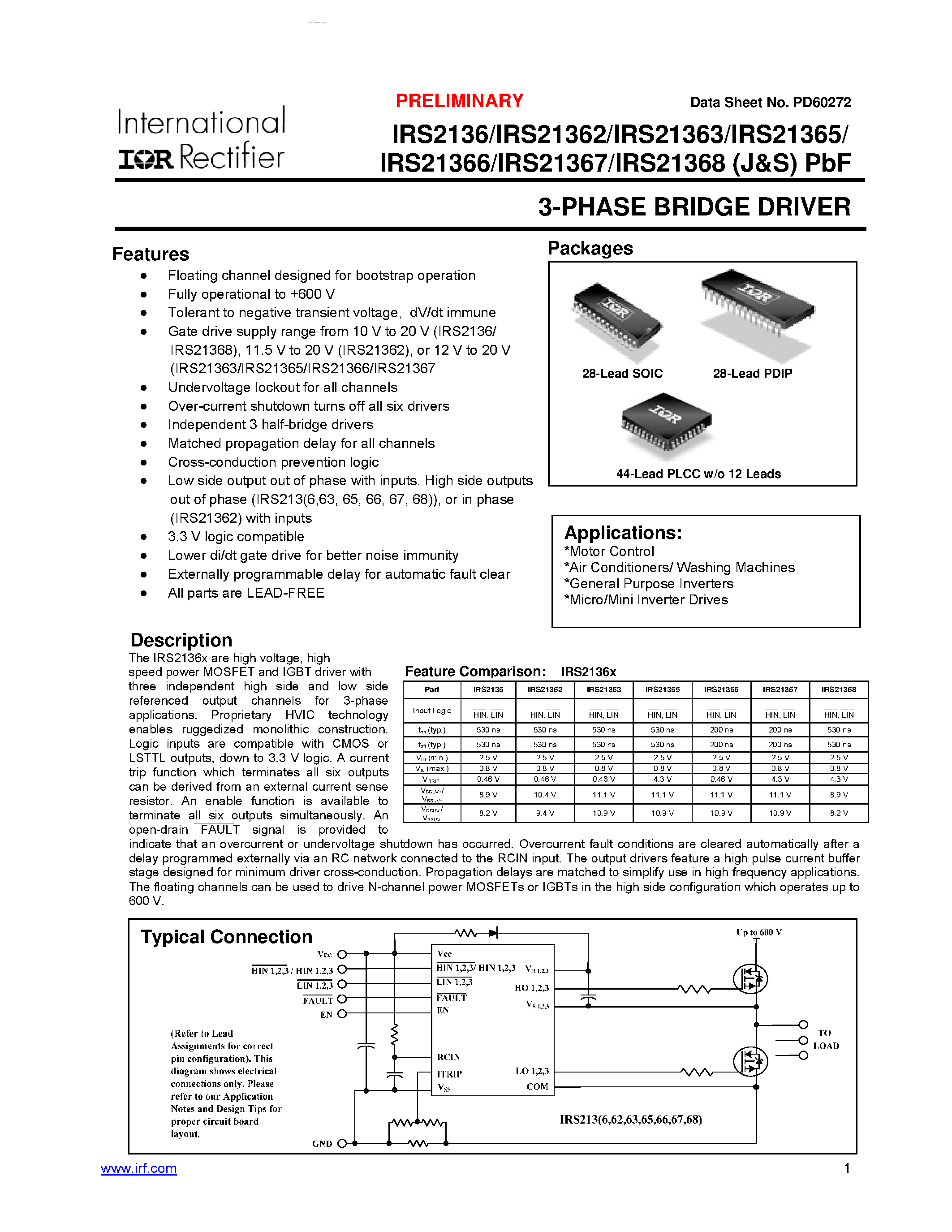 Datasheet IRS2136 - (IRS2136x) 3-PHASE BRIDGE DRIVER page 1
