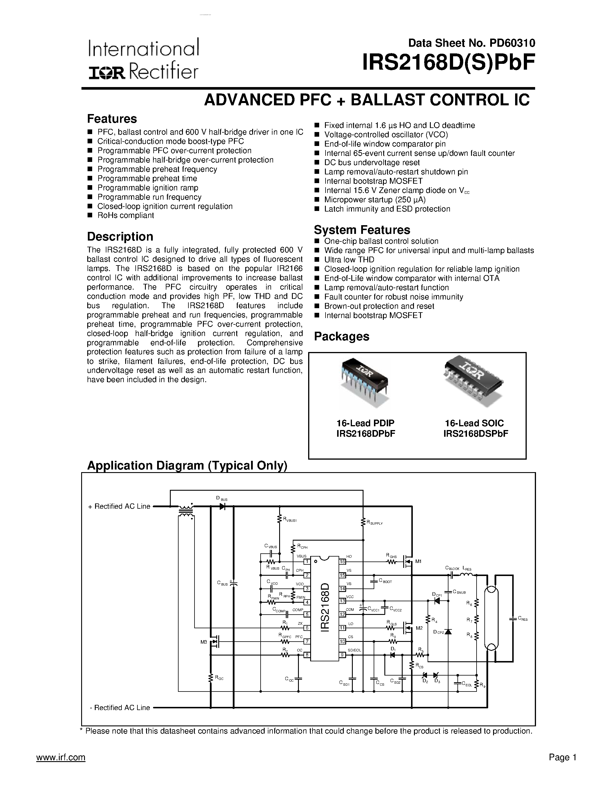 Datasheet IRS2168DPBF page 1 Datasheet IRS2168DPBF - ADVANCED PFC + BALLAST CONTROL IC page 1