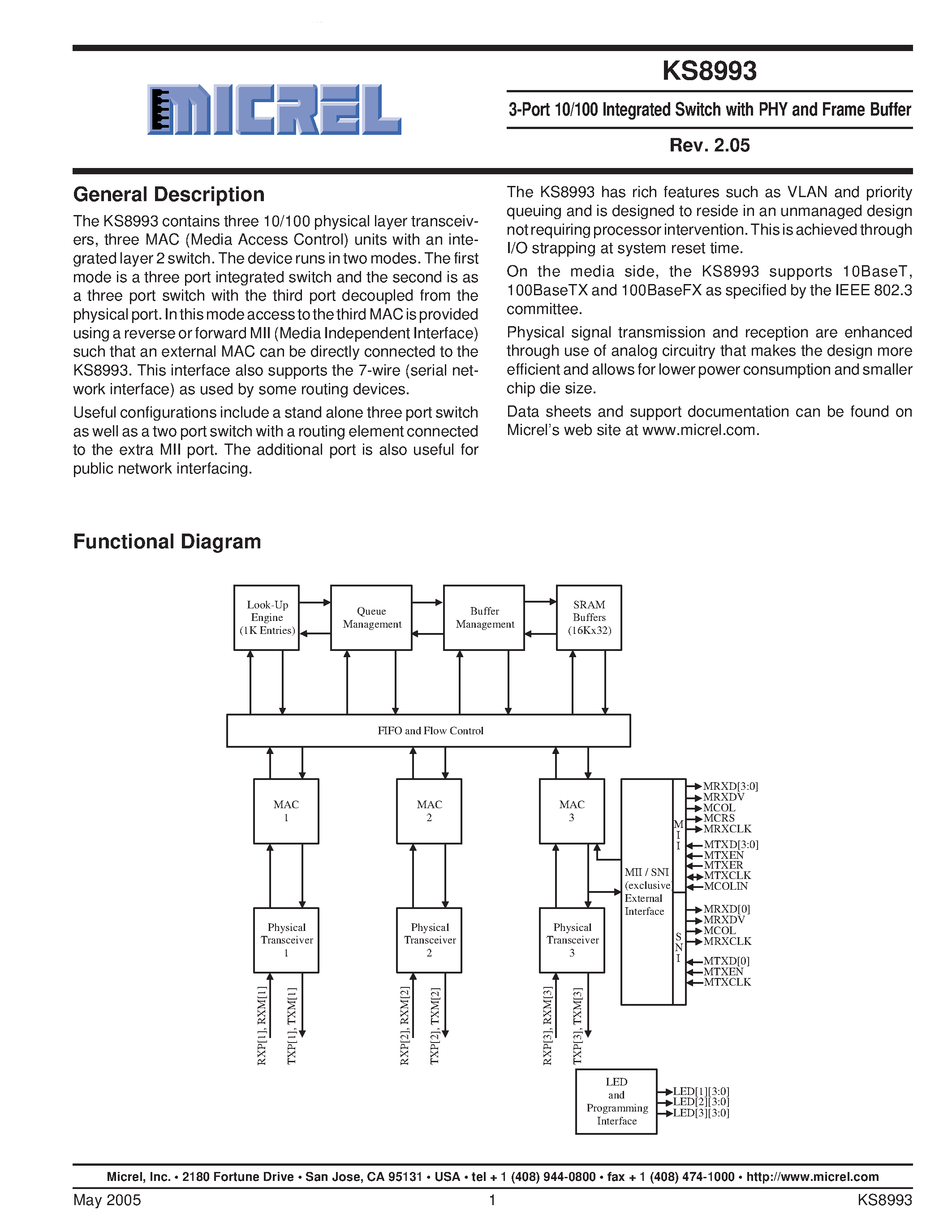 Datasheet KS8993 - 3-Port 10/100 Integrated Switch page 1