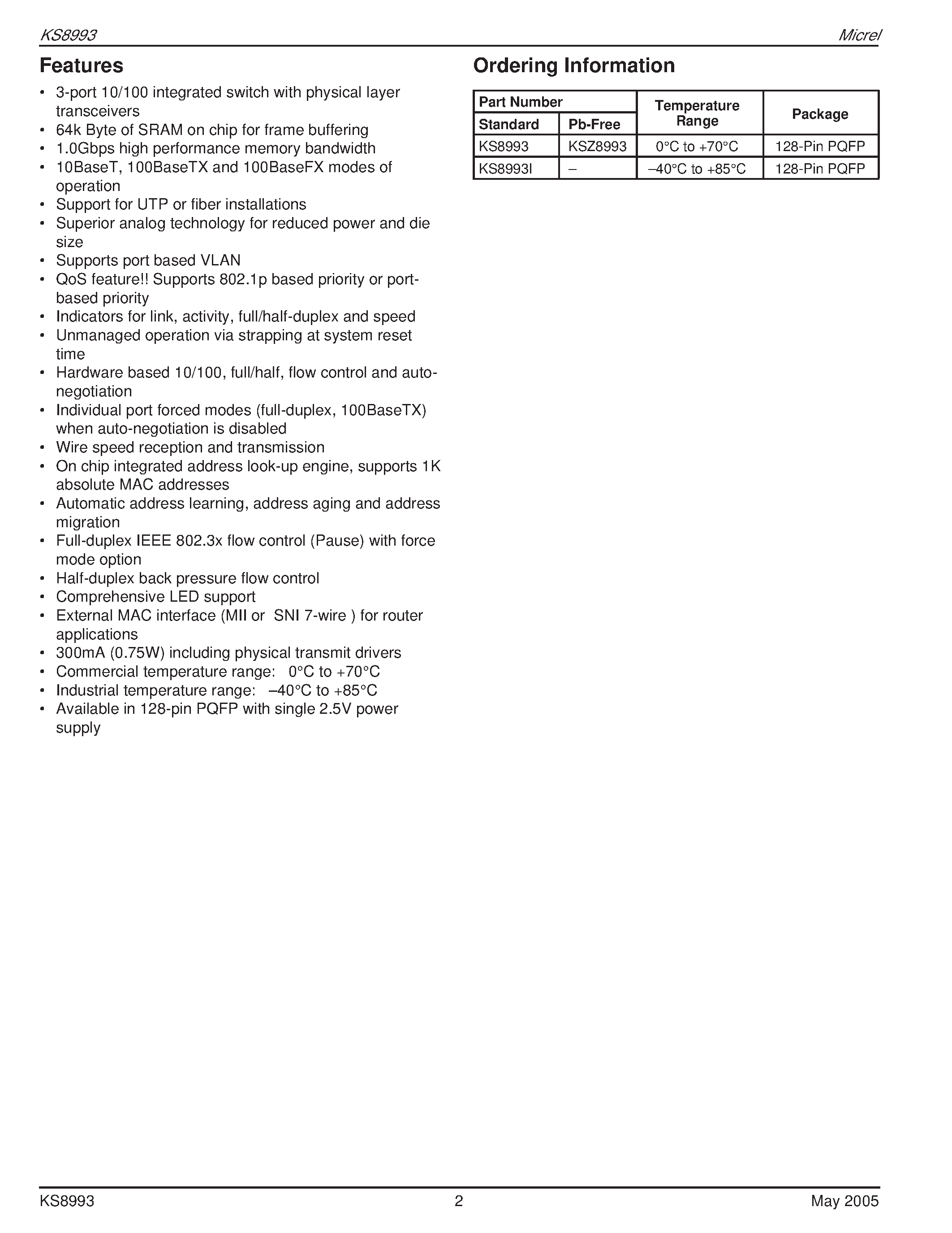 Datasheet KS8993 - 3-Port 10/100 Integrated Switch page 2
