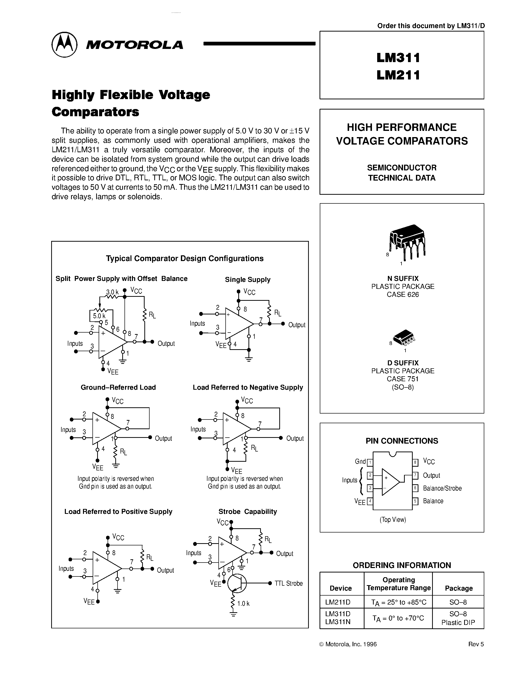 Datasheet LM311 - HIGH PERFORMANCE VOLTAGE COMPARATORS page 1