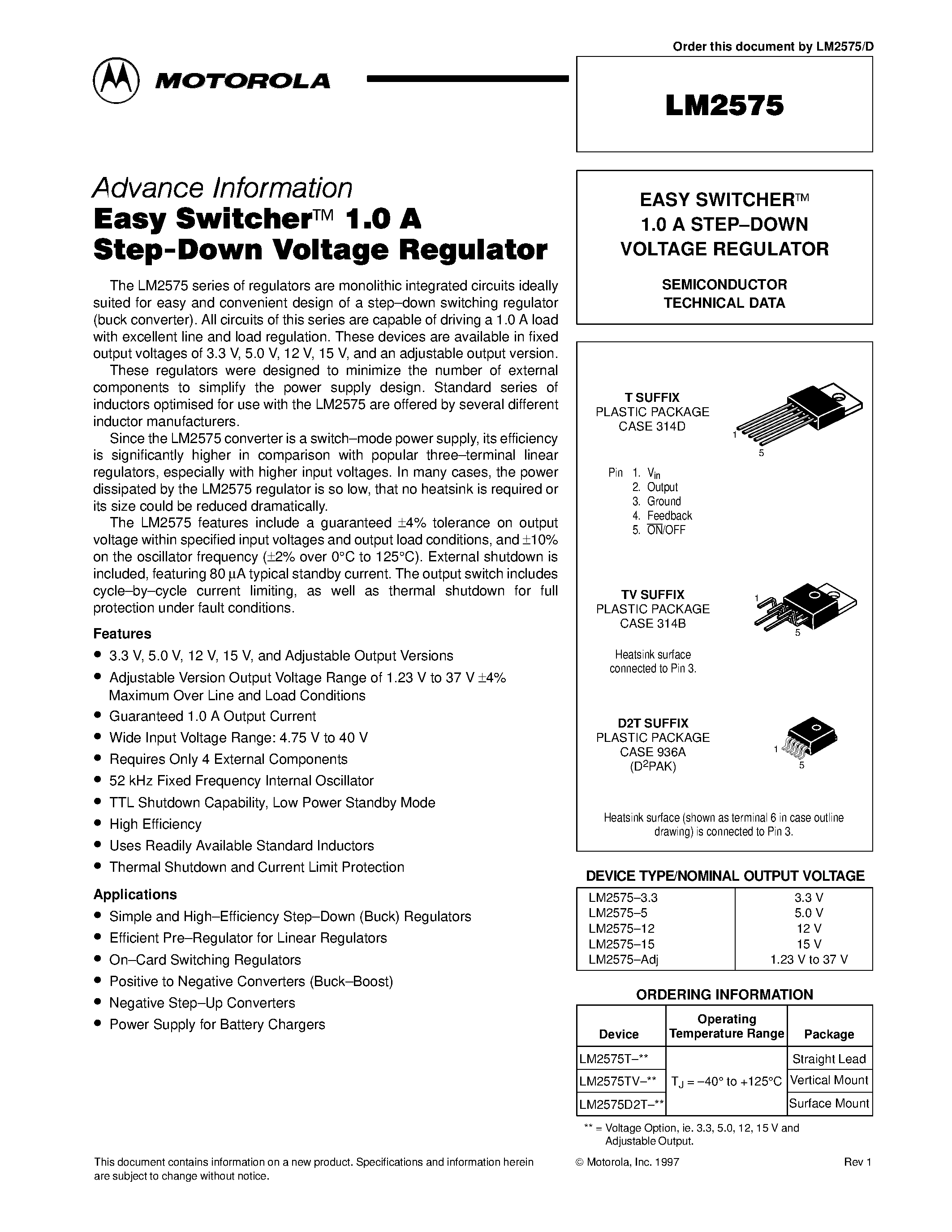 Datasheet LM2575 - EASY SWITCHERE 1.0 A STEP-DOWN VOLTAGE REGULATOR page 1