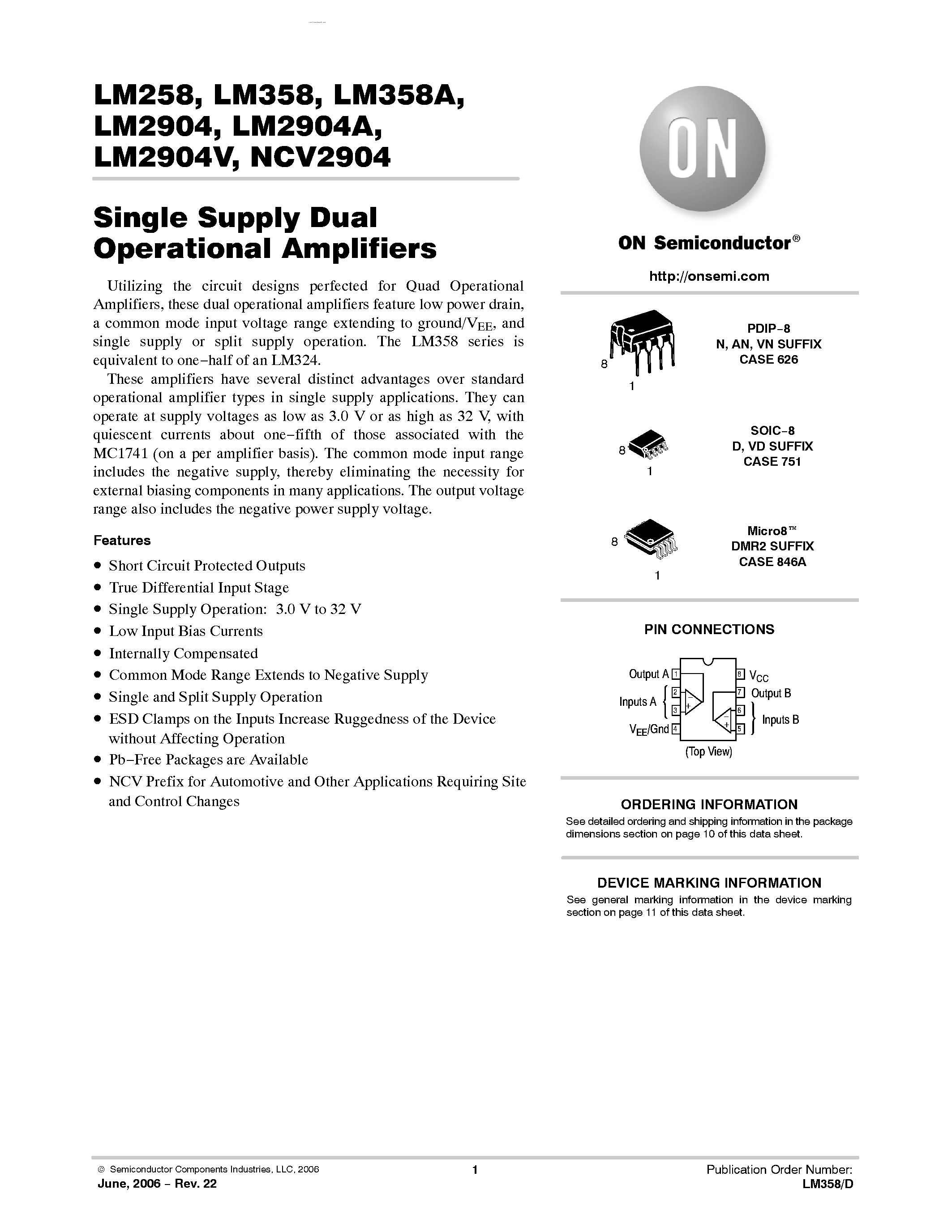 Datasheet LM358A - Single Supply Dual Operational Amplifiers page 1