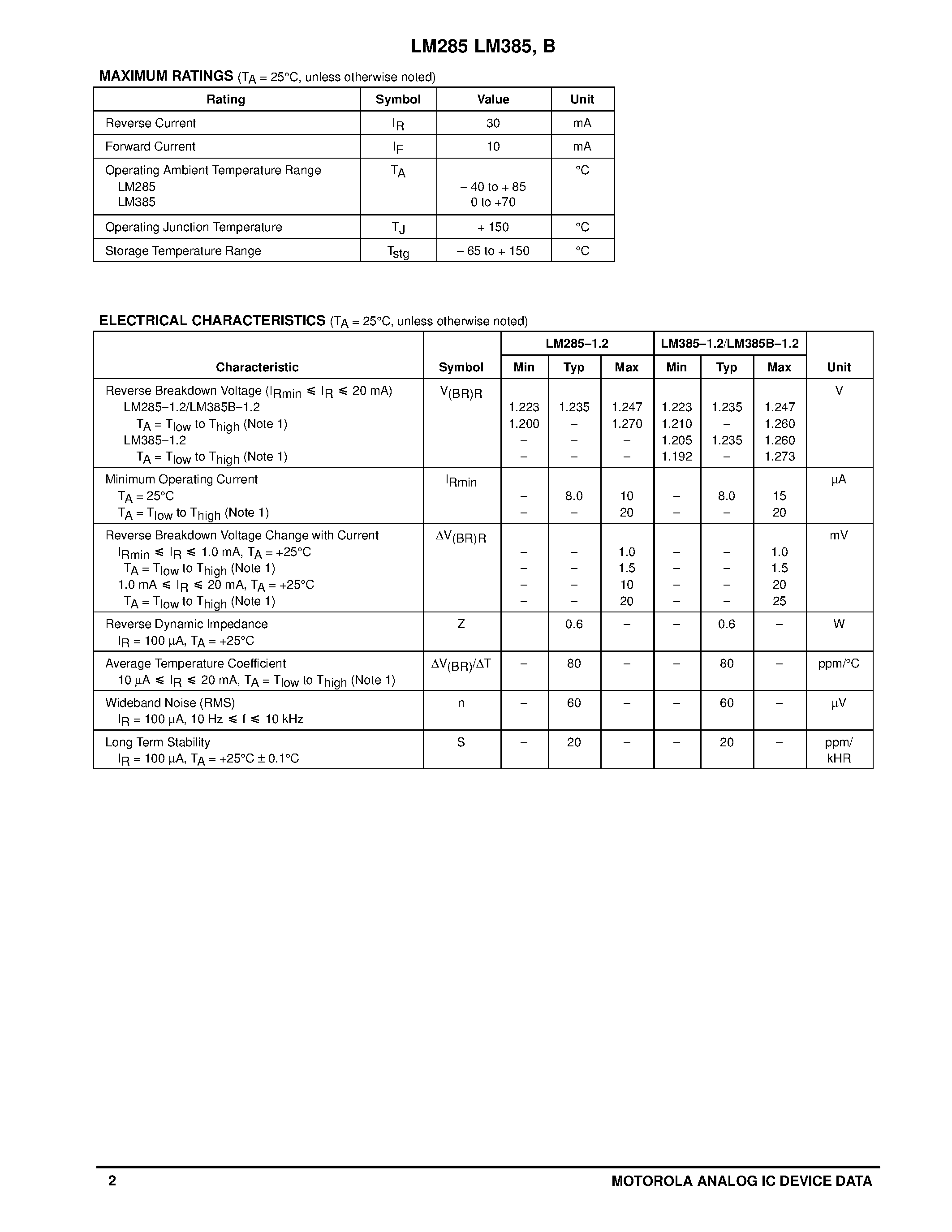 Datasheet LM285 - MICROPOWER VOLTAGE REFERENCE DIODES page 2