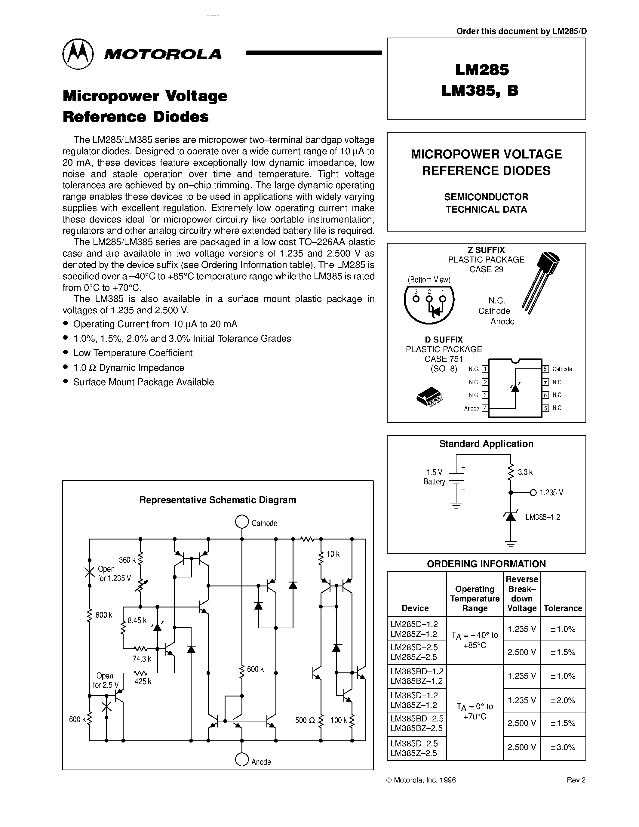 Даташит на микросхему LM385 страница 1 Даташит LM385 - MICROPOWER VOLTAGE REFERENCE DIODES страница 1