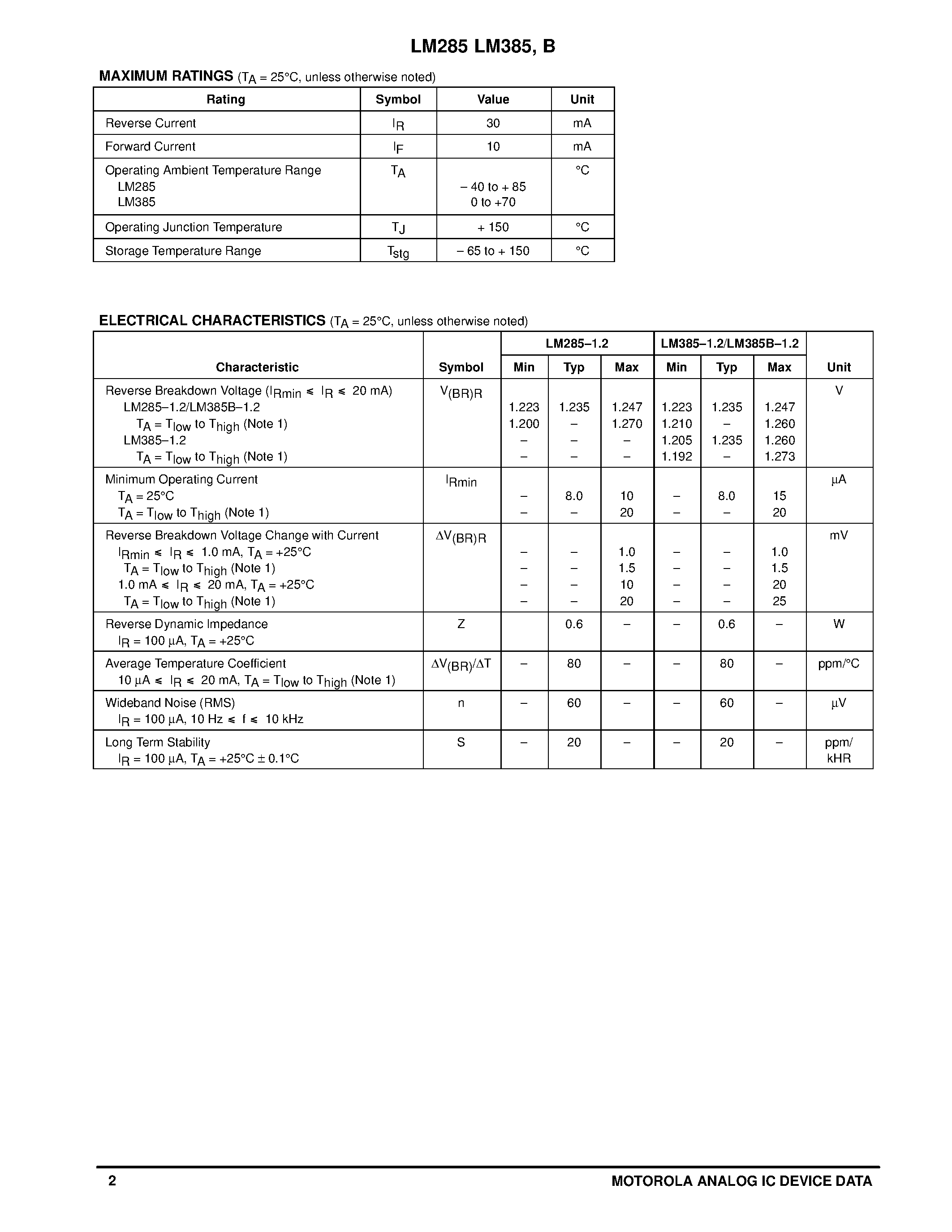 Даташит на микросхему LM385 страница 2 Даташит LM385 - MICROPOWER VOLTAGE REFERENCE DIODES страница 2