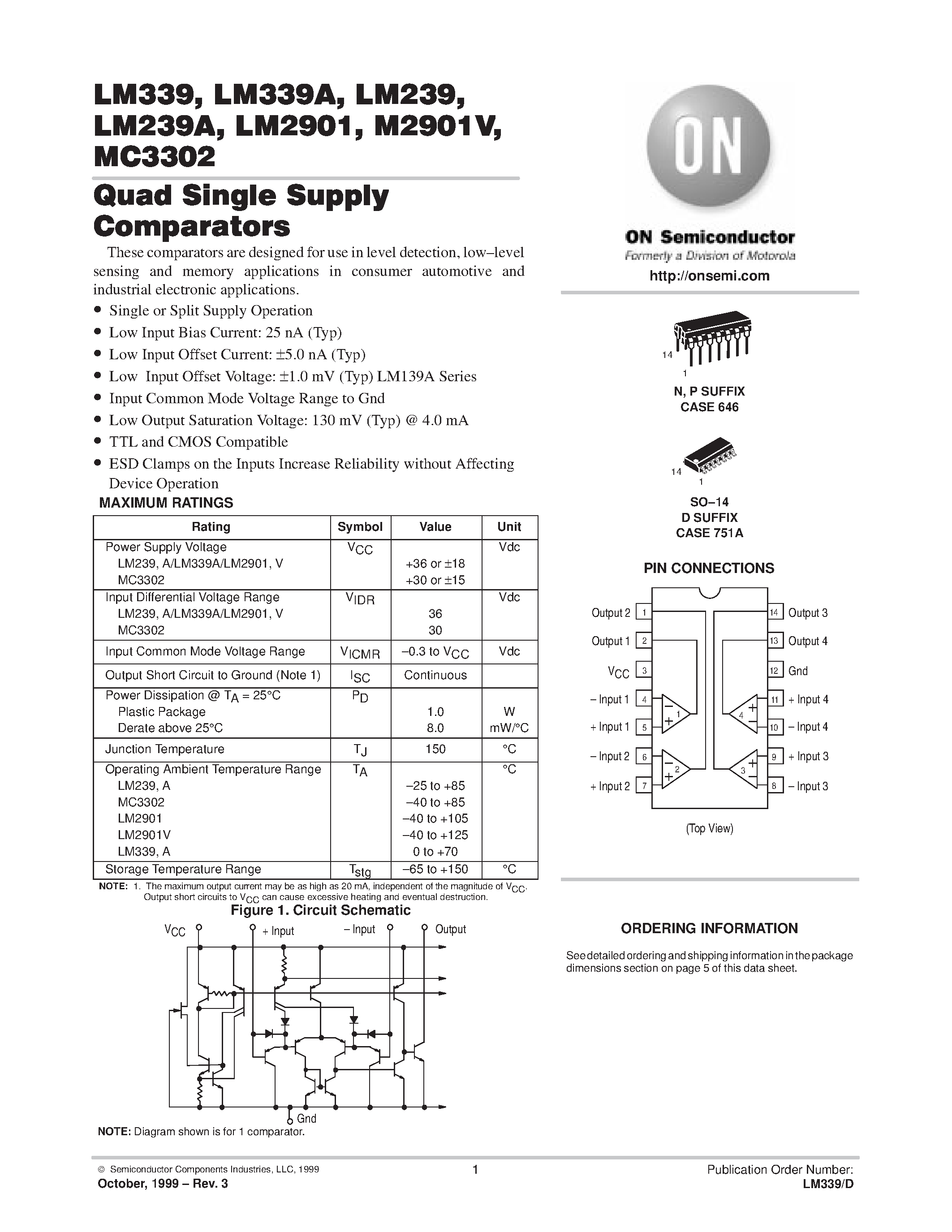 Datasheet LM2901 page 1 Datasheet LM2901 - Quad Single Supply Comparators page 1