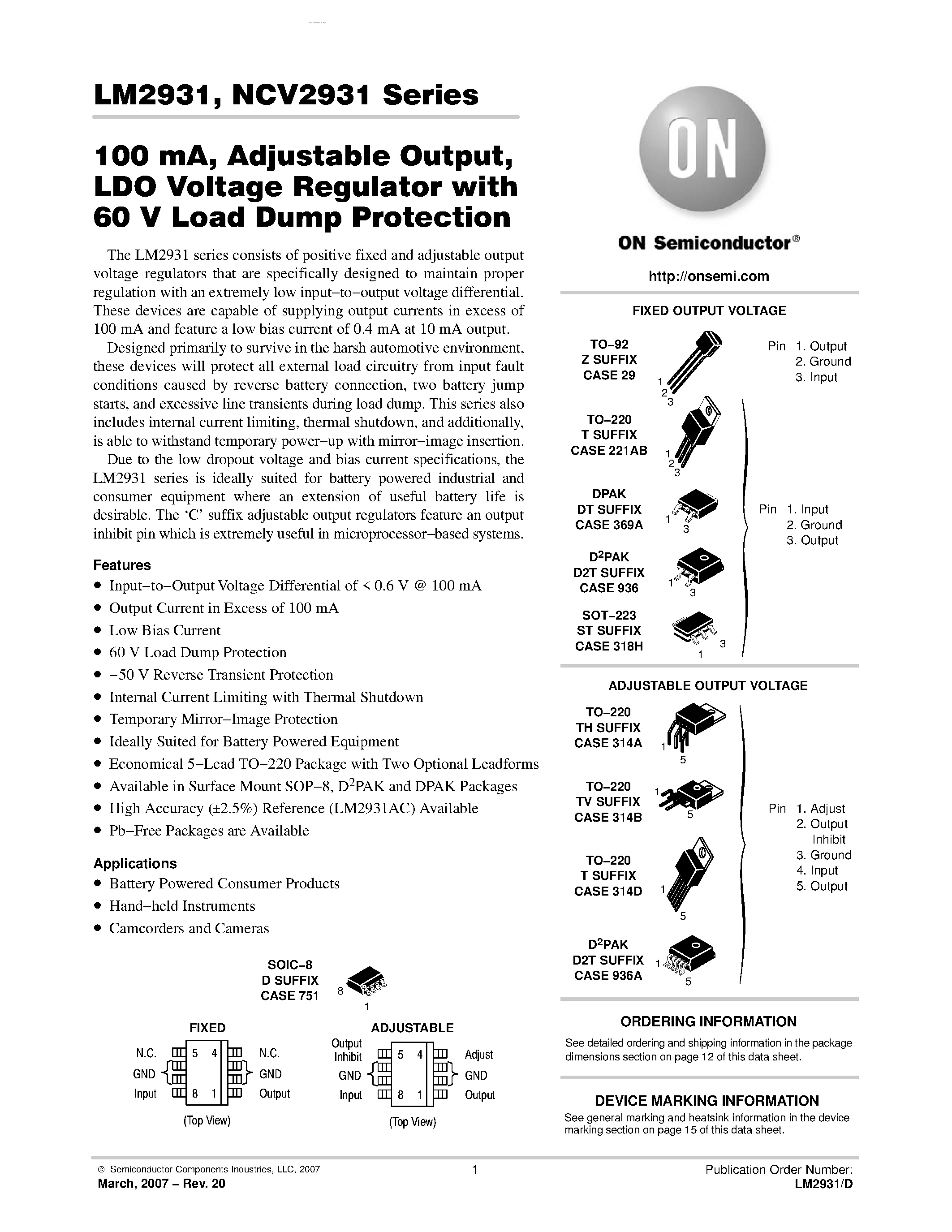 Даташит LM2931 - LOW DROPOUT VOLTAGE REGULATORS страница 1