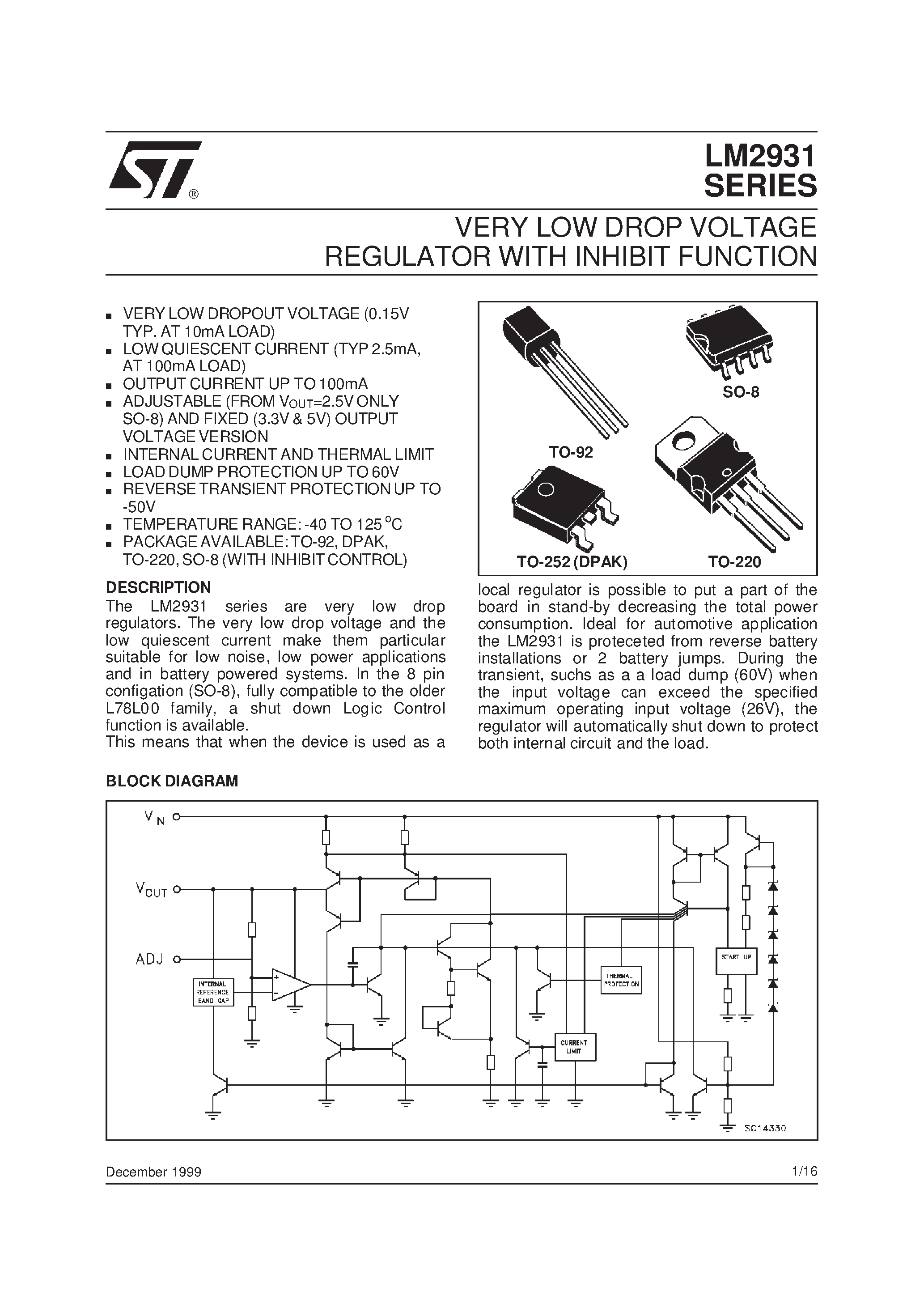 Даташит на микросхему LM2931 страница 1 Даташит LM2931 - VERY LOW DROP VOLTAGE REGULATOR WITH INHIBIT FUNCTION страница 1