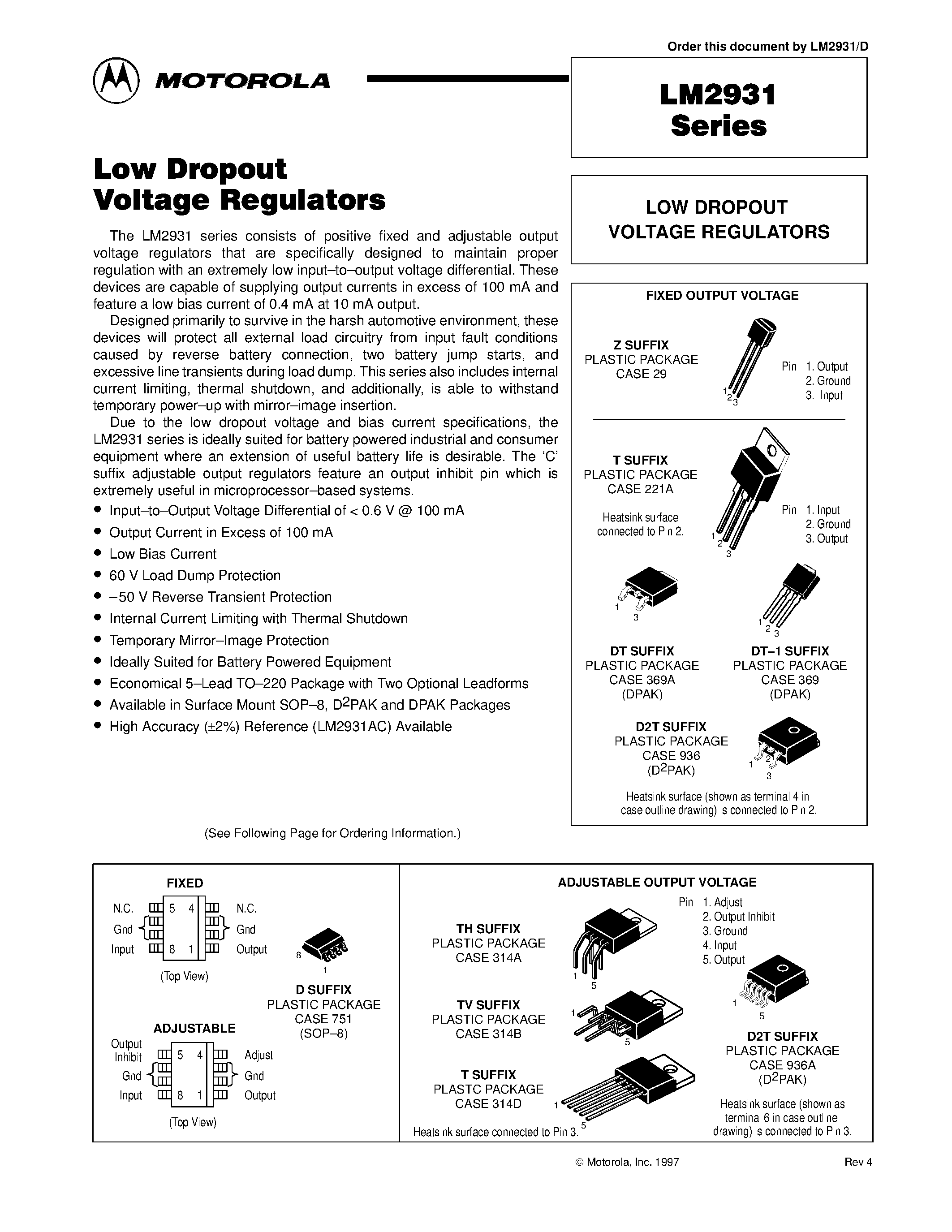 Datasheet LM2931 page 1 Datasheet LM2931 - LOW DROPOUT VOLTAGE REGULATORS page 1