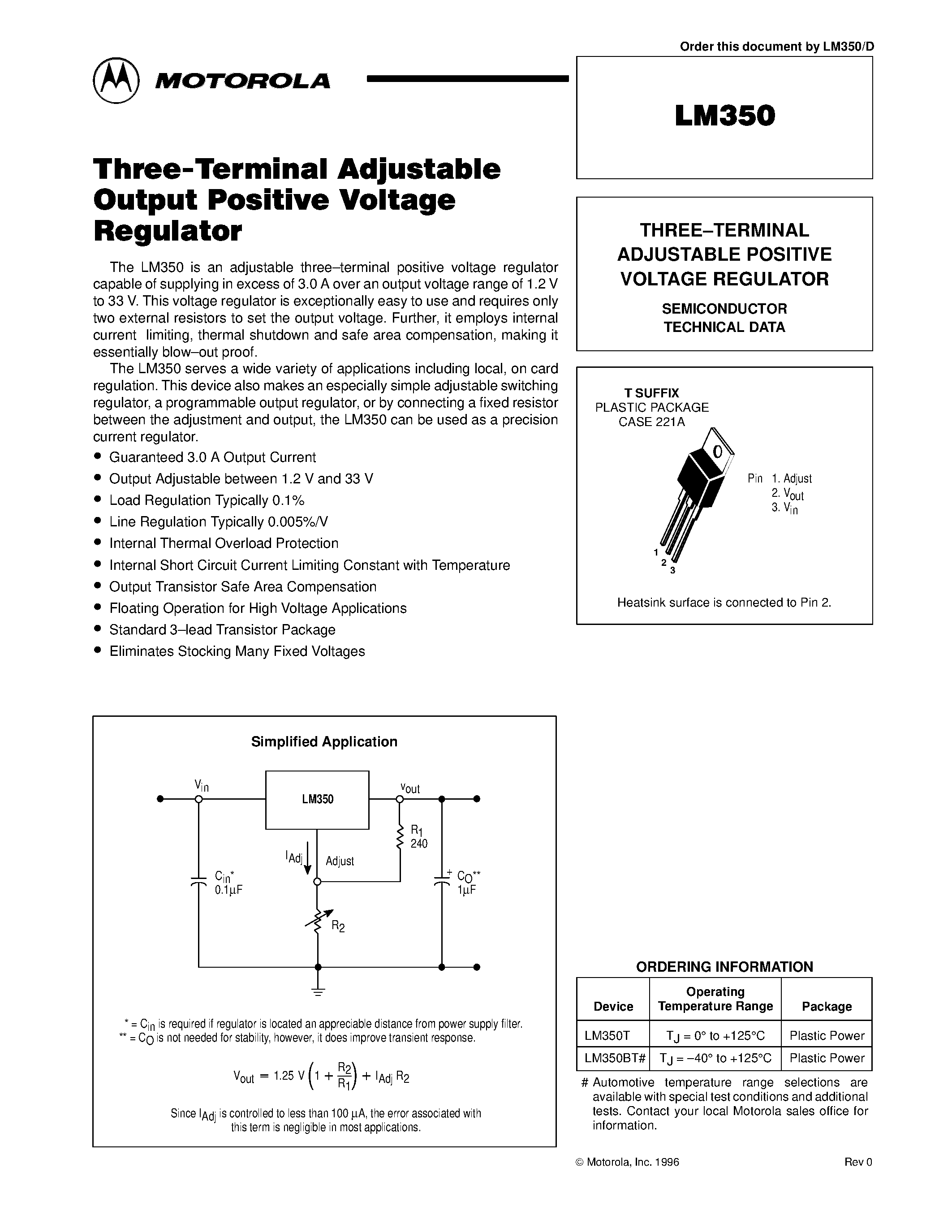 Datasheet LM350 page 1 Datasheet LM350 - THREE-TERMINAL ADJUSTABLE POSITIVE VOLTAGE REGULATOR page 1
