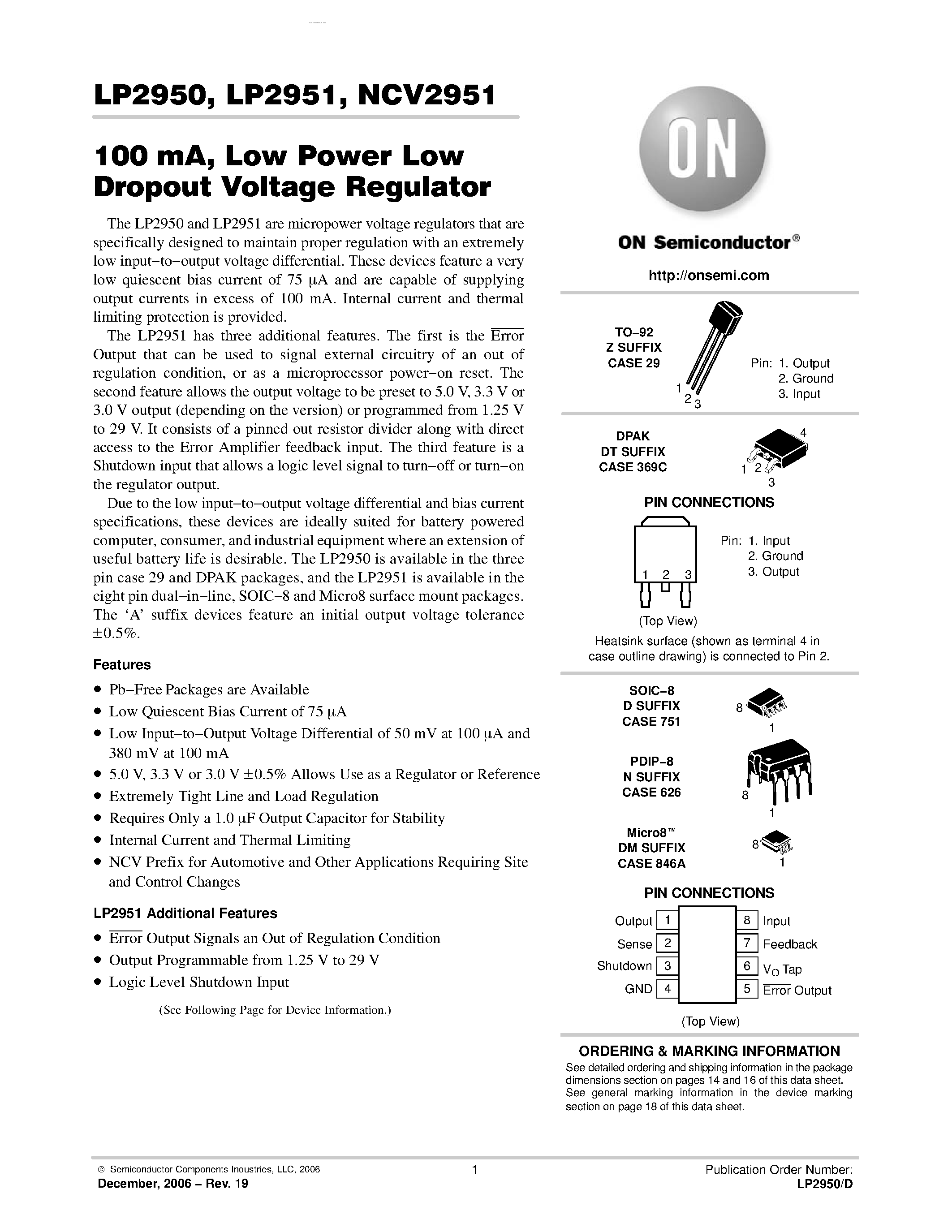 Даташит LP2950 - (LP2950 / LP2951) Low Power Low Dropout Voltage Regulator страница 1
