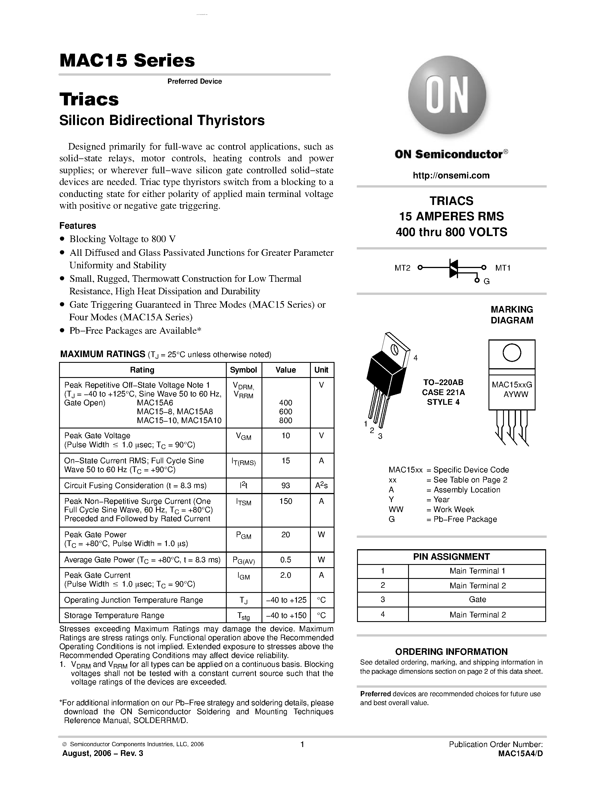 Datasheet MAC15 - Triacs Silicon Bidirectional Thyristors page 1
