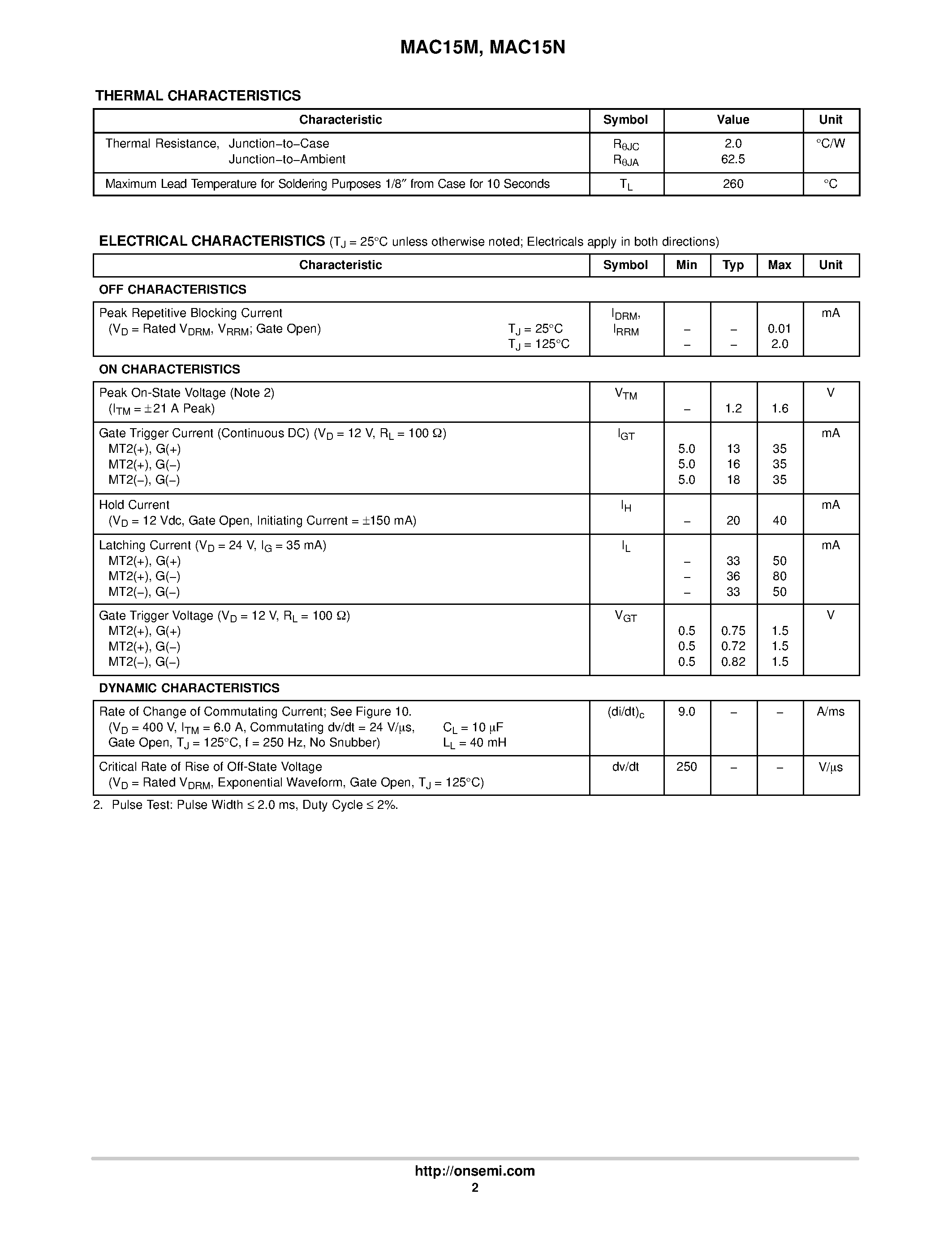 Datasheet MAC15M - Triacs Silicon Bidirectional Thyristors page 2