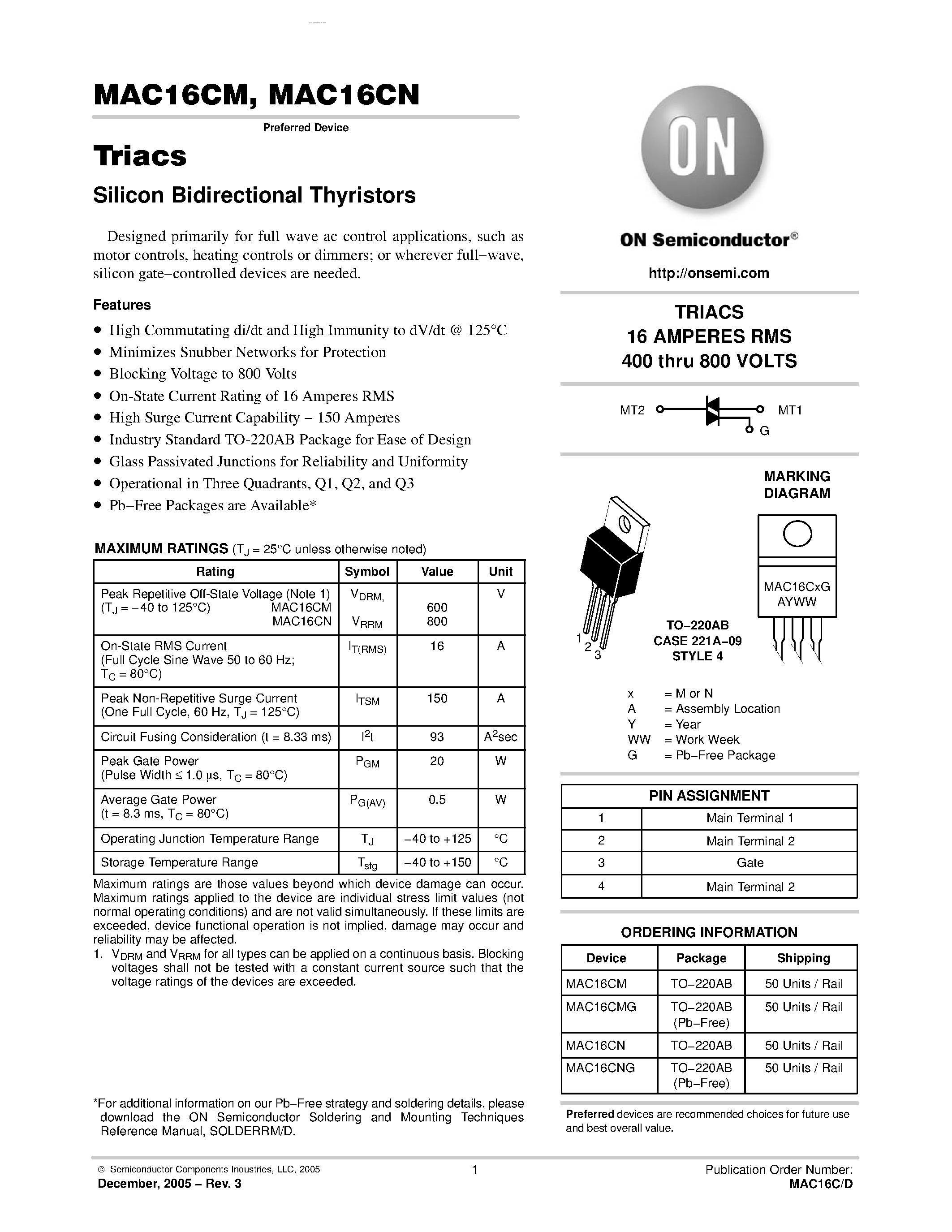 Datasheet MAC16CM - Triacs Silicon Bidirectional Thyristors page 1