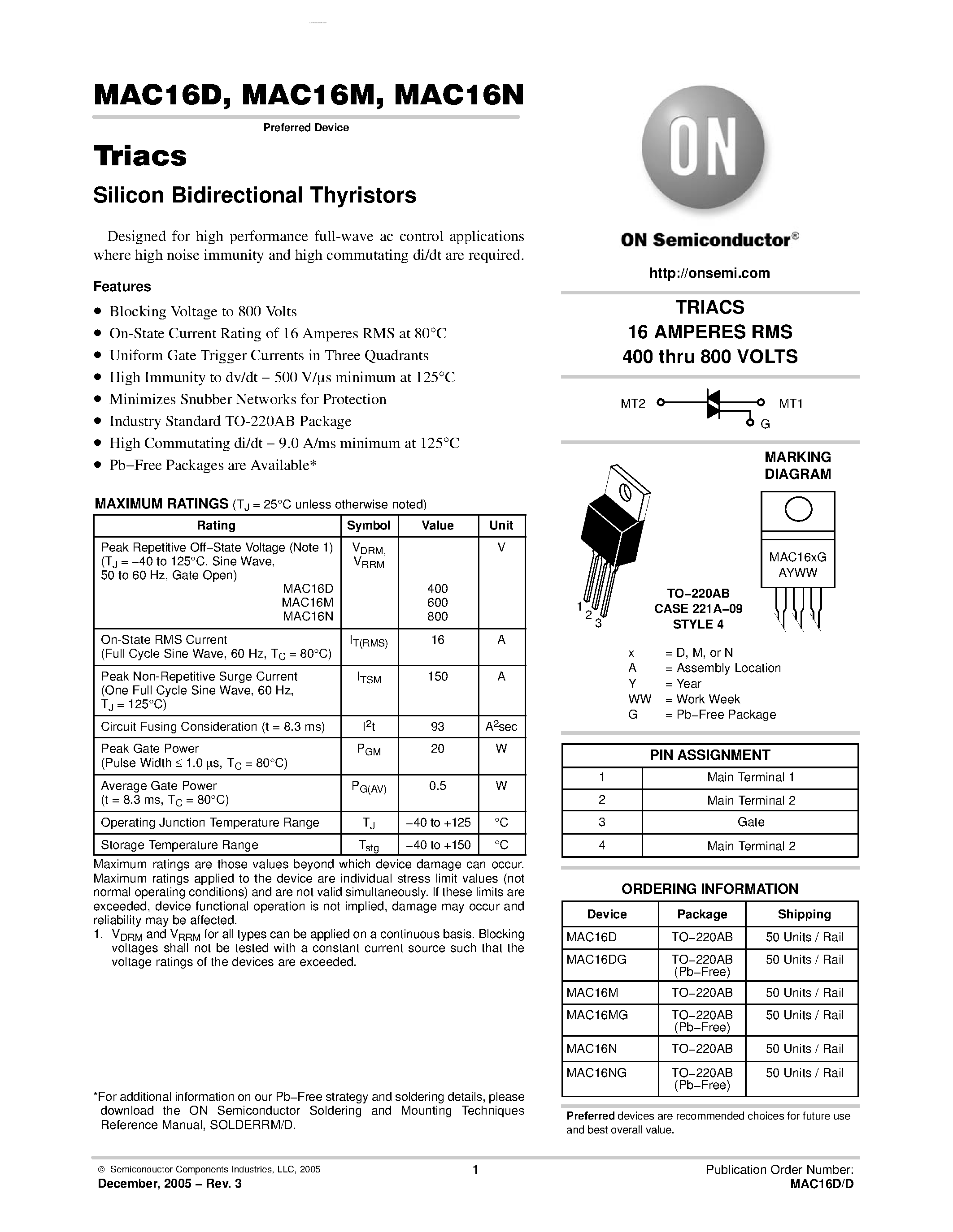 Datasheet MAC16D - (MAC16x) Triacs Silicon Bidirectional Thyristors page 1