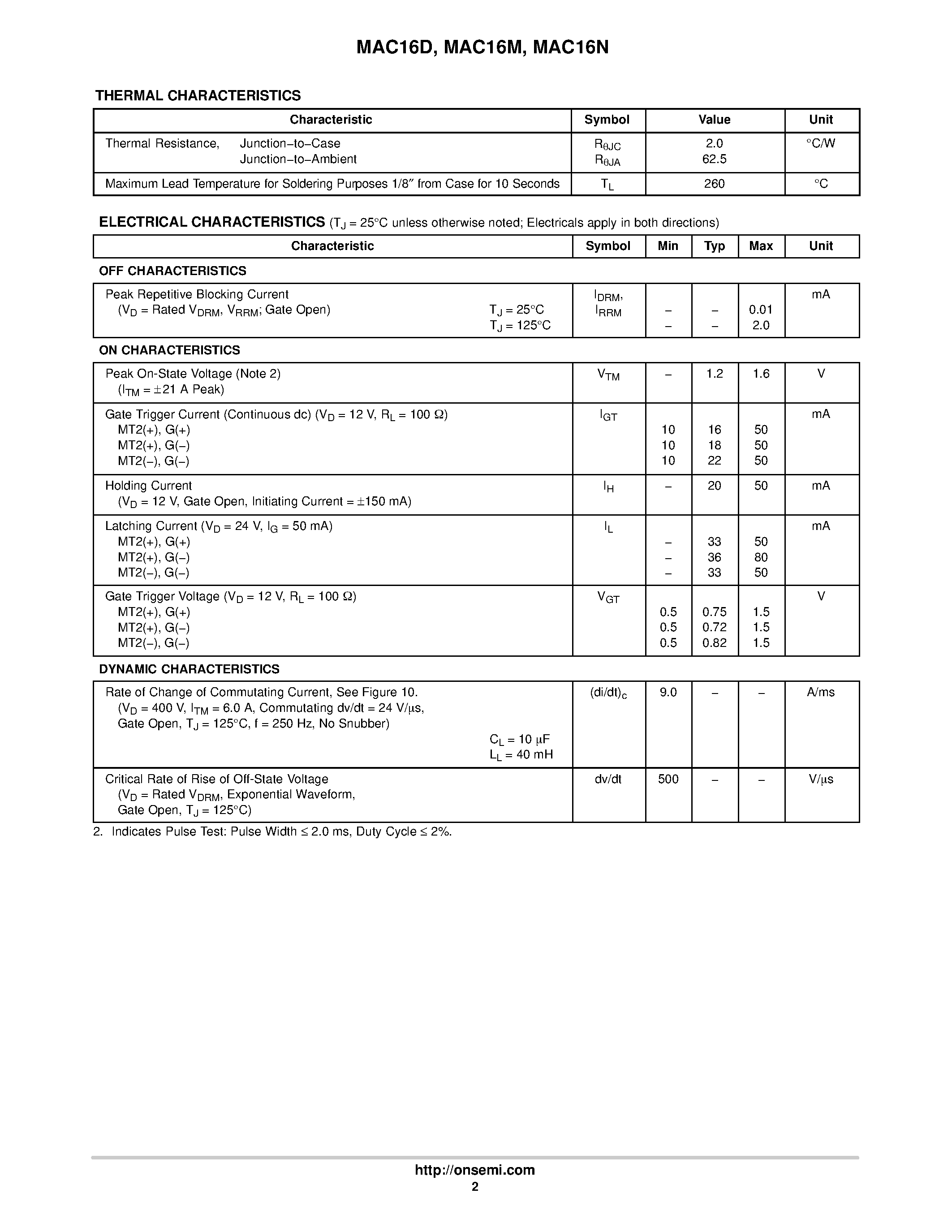Datasheet MAC16D - (MAC16x) Triacs Silicon Bidirectional Thyristors page 2