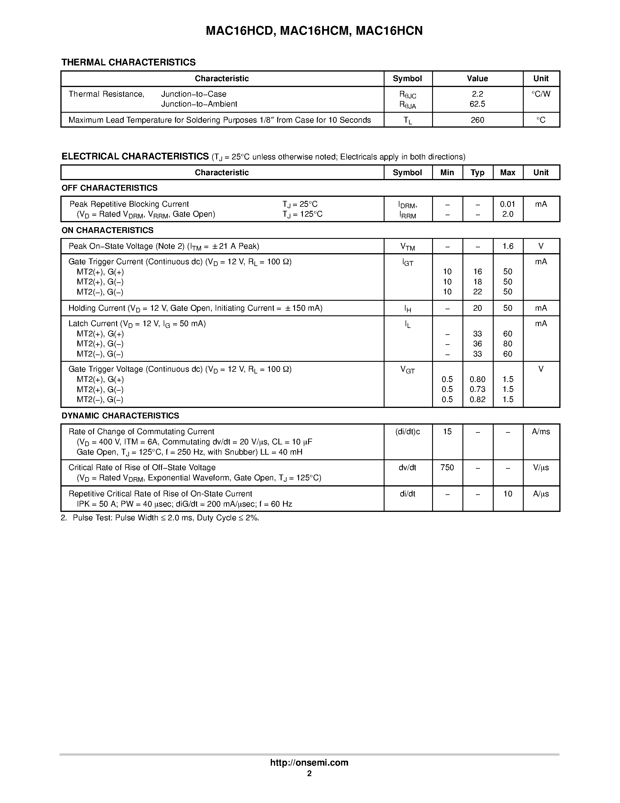 Datasheet MAC16HCD - (MAC16HCx) Triacs Silicon Bidirectional Thyristors page 2
