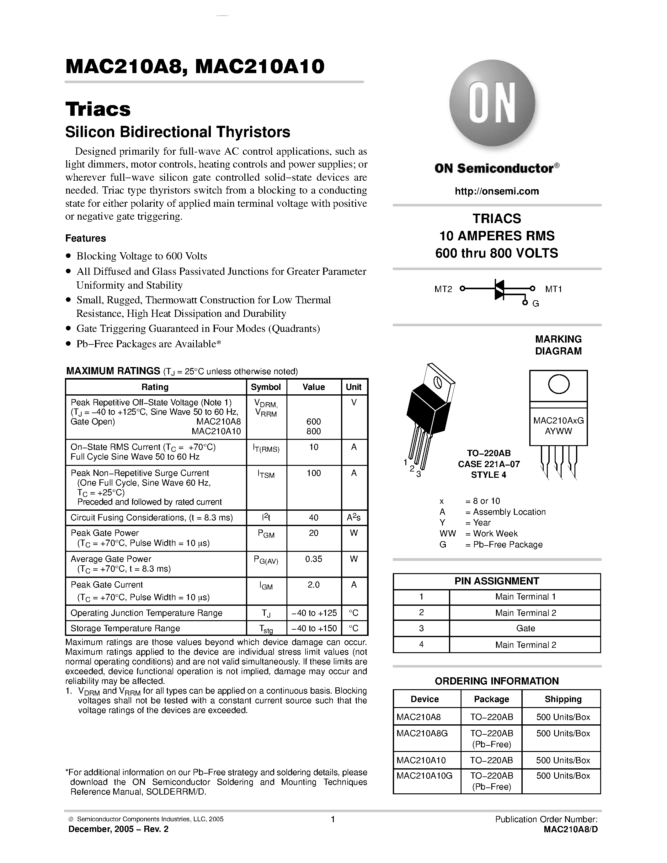 Datasheet MAC210A10 - (MAC210A8 / MAC210A10) Triacs Silicon Bidirectional Thyristors page 1
