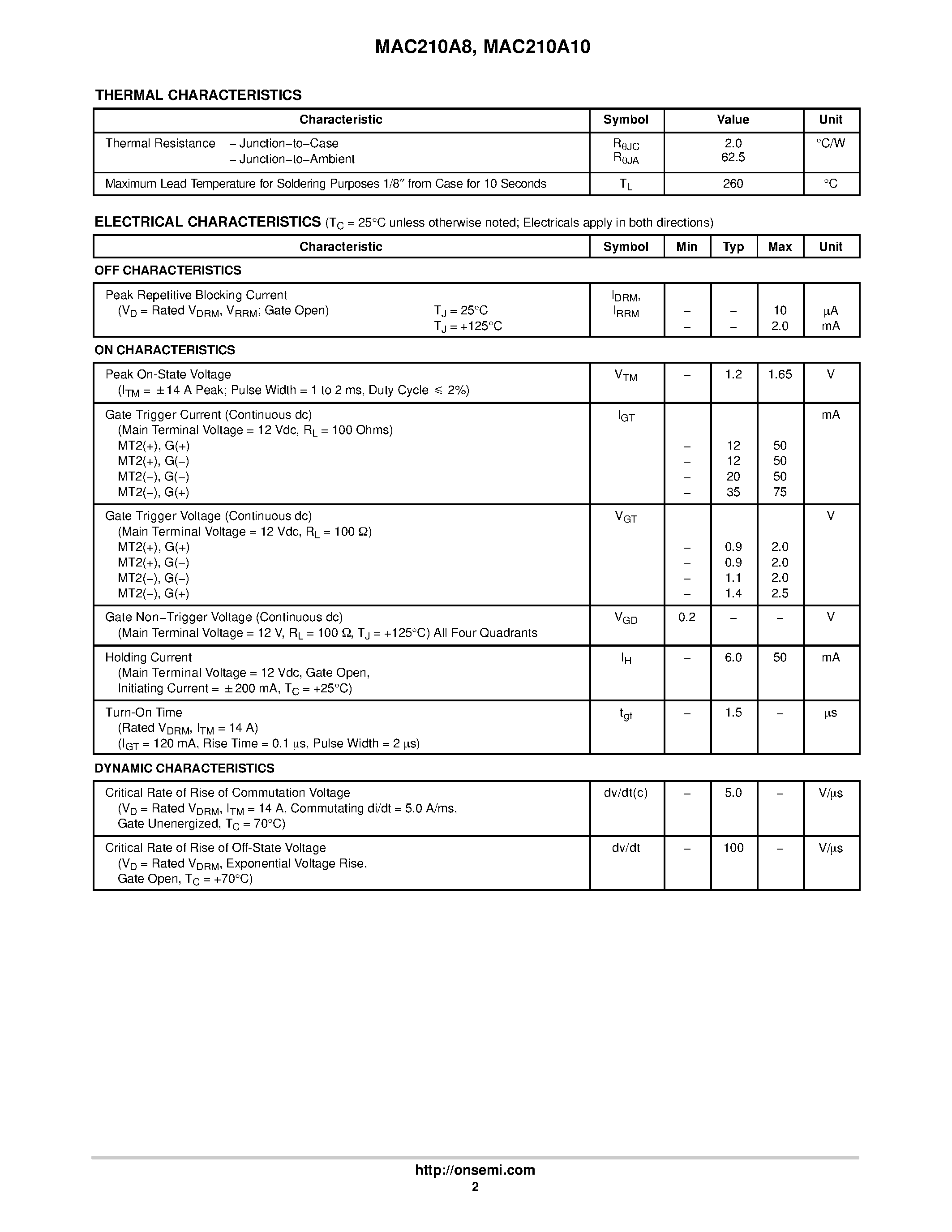 Datasheet MAC210A10 - (MAC210A8 / MAC210A10) Triacs Silicon Bidirectional Thyristors page 2