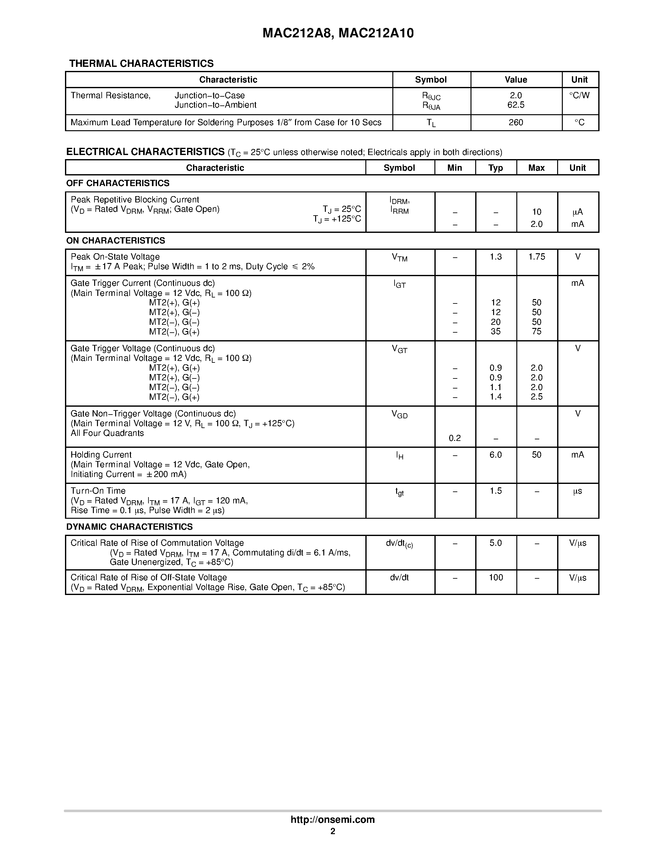 Datasheet MAC212A10 page 2 Datasheet MAC212A10 - (MAC212A8 / MAC212A10) Triacs Silicon Bidirectional Thyristors page 2