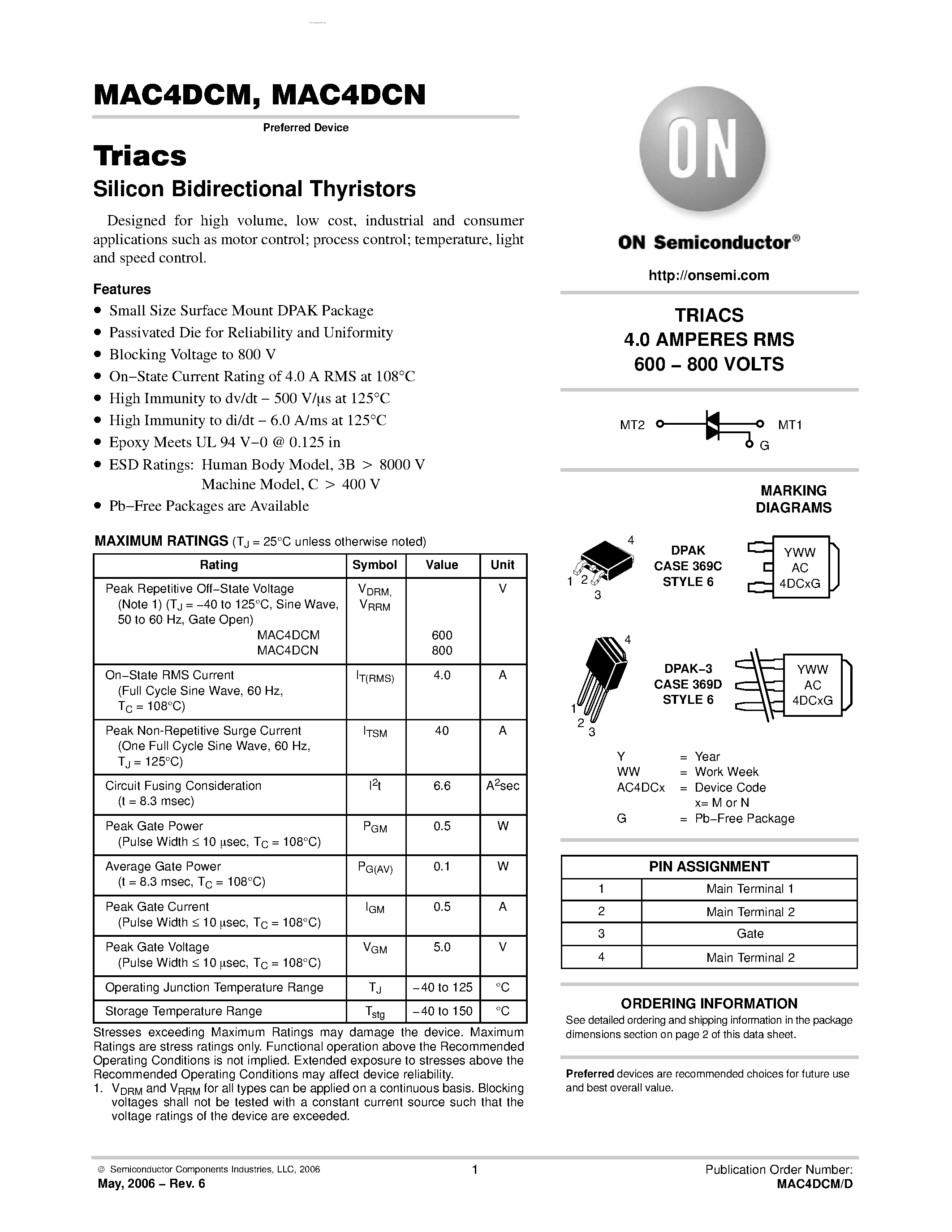 Datasheet MAC4DCM - Triacs Silicon Bidirectional Thyristors page 1