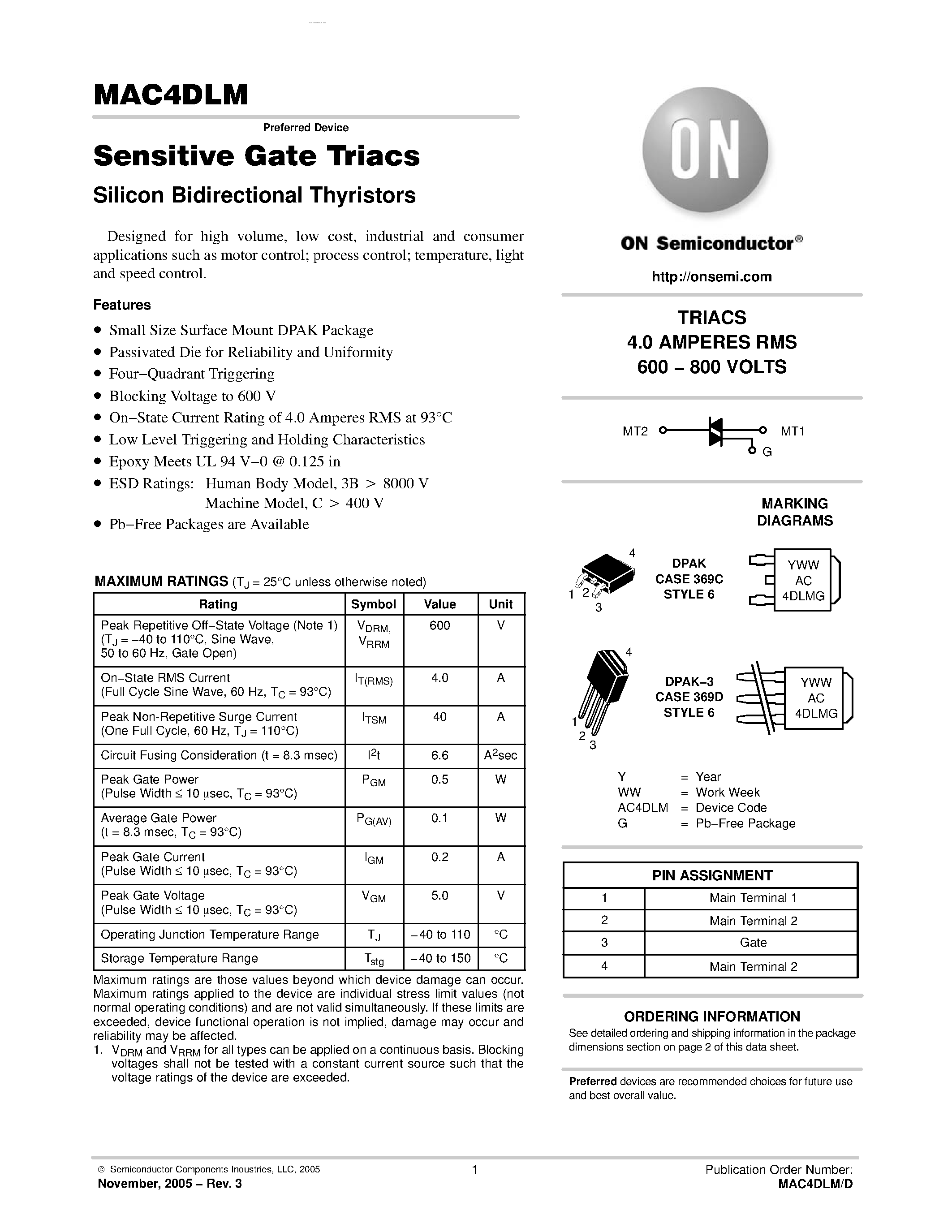 Даташит MAC4DLM - Sensitive Gate Triacs Silicon Bidirectional Thyristors страница 1
