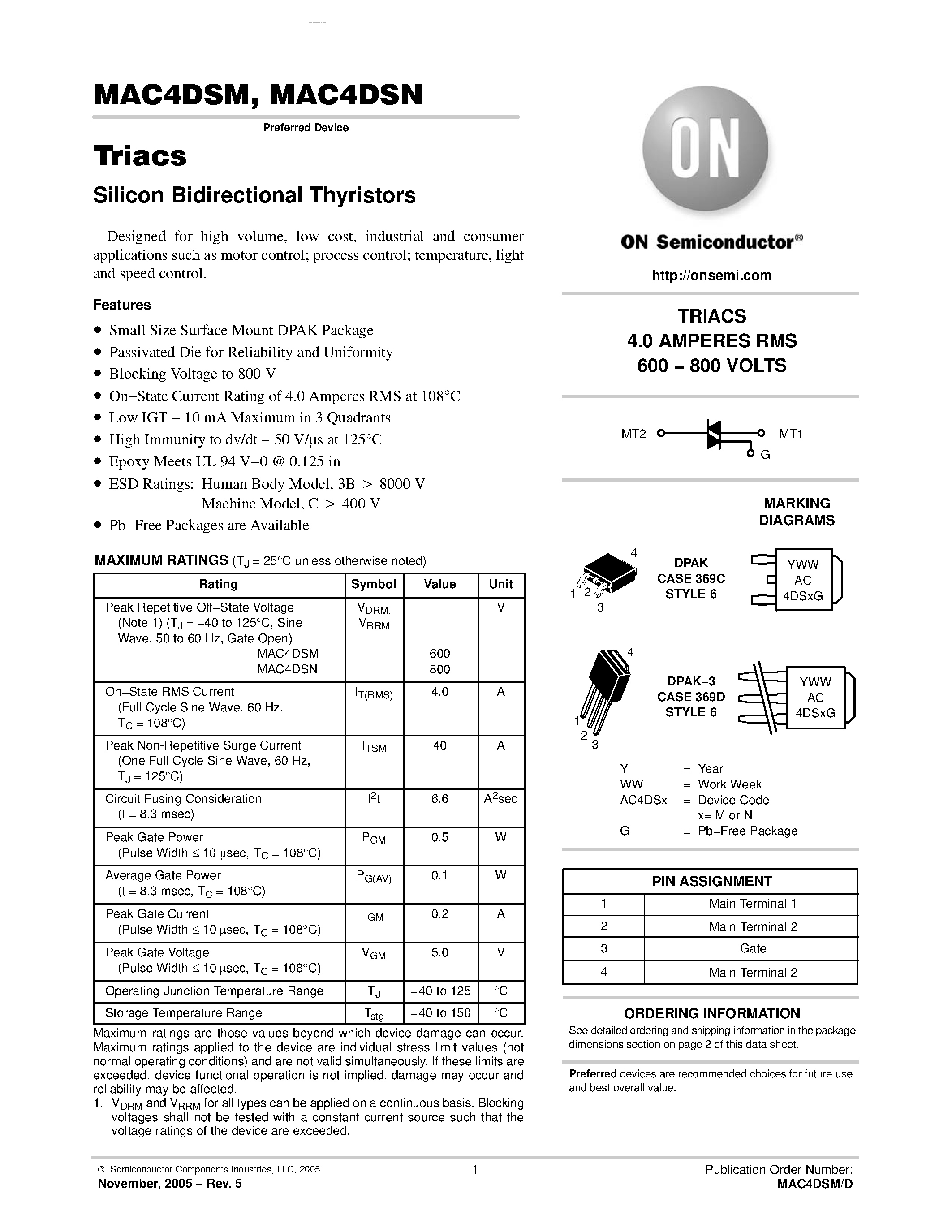 Datasheet MAC4DSM - Triacs Silicon Bidirectional Thyristors page 1