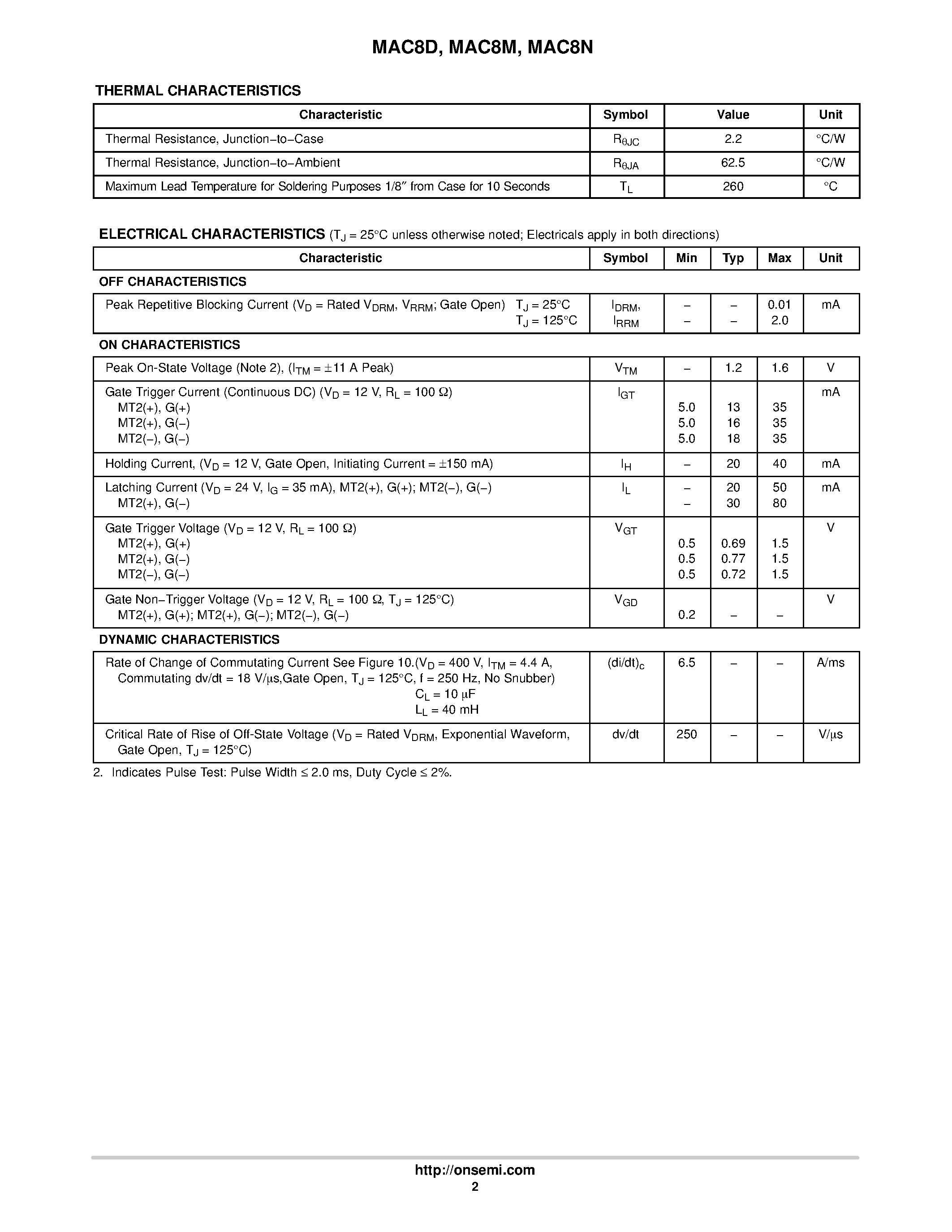 Datasheet MAC8D page 2 Datasheet MAC8D - (MAC8x) Triacs Silicon Bidirectional Thyristors page 2