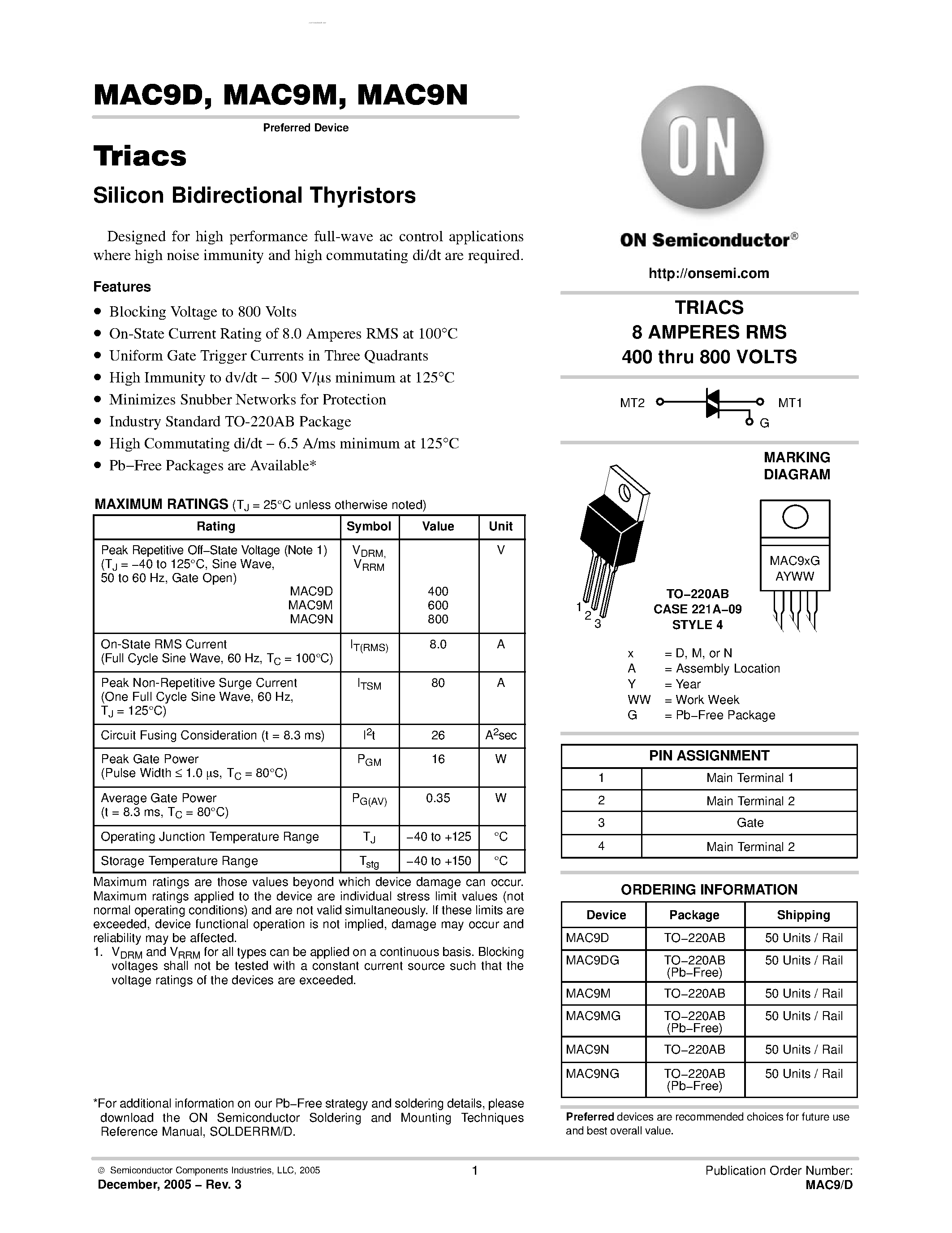 Datasheet MAC9D - (MAC9x) Triacs Silicon Bidirectional Thyristors page 1