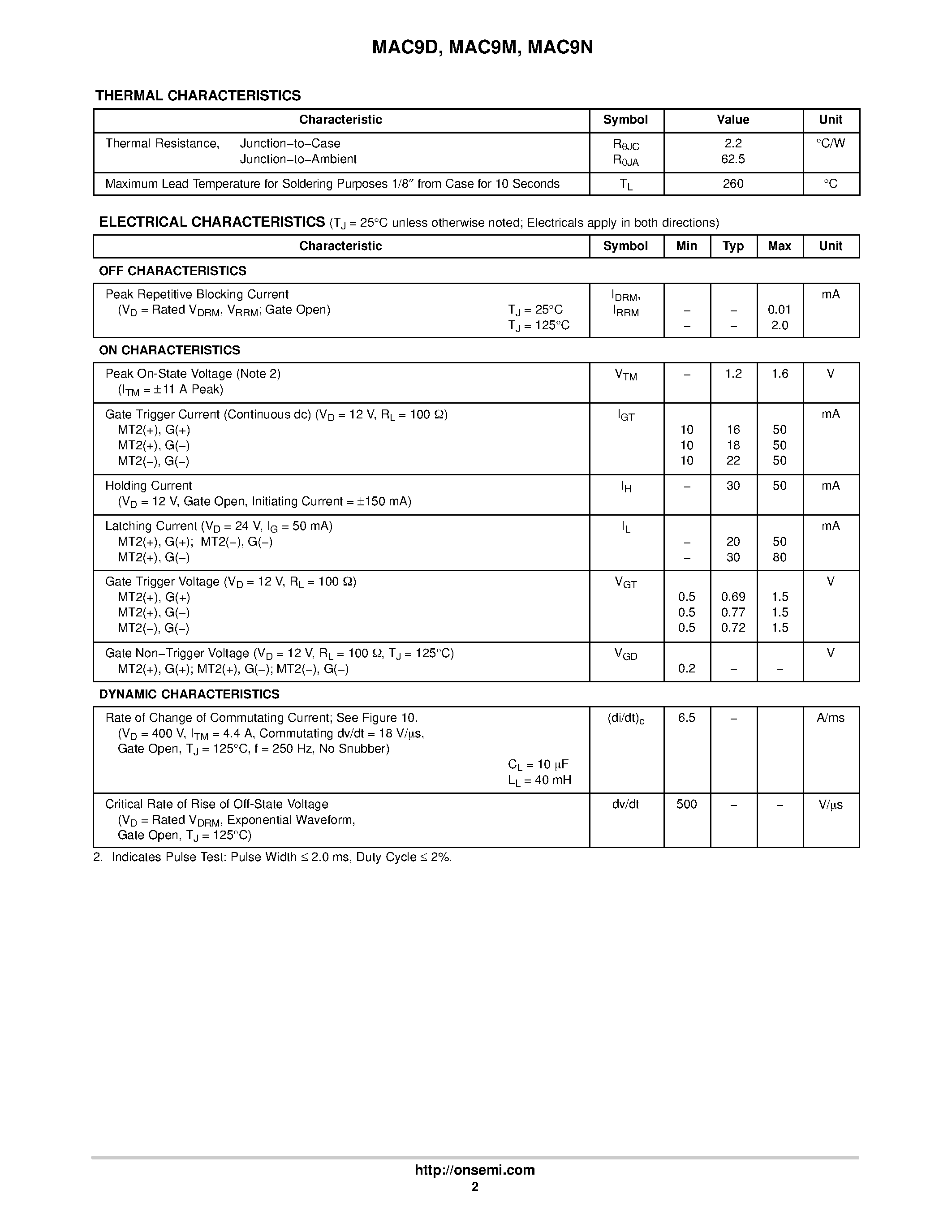 Datasheet MAC9D - (MAC9x) Triacs Silicon Bidirectional Thyristors page 2