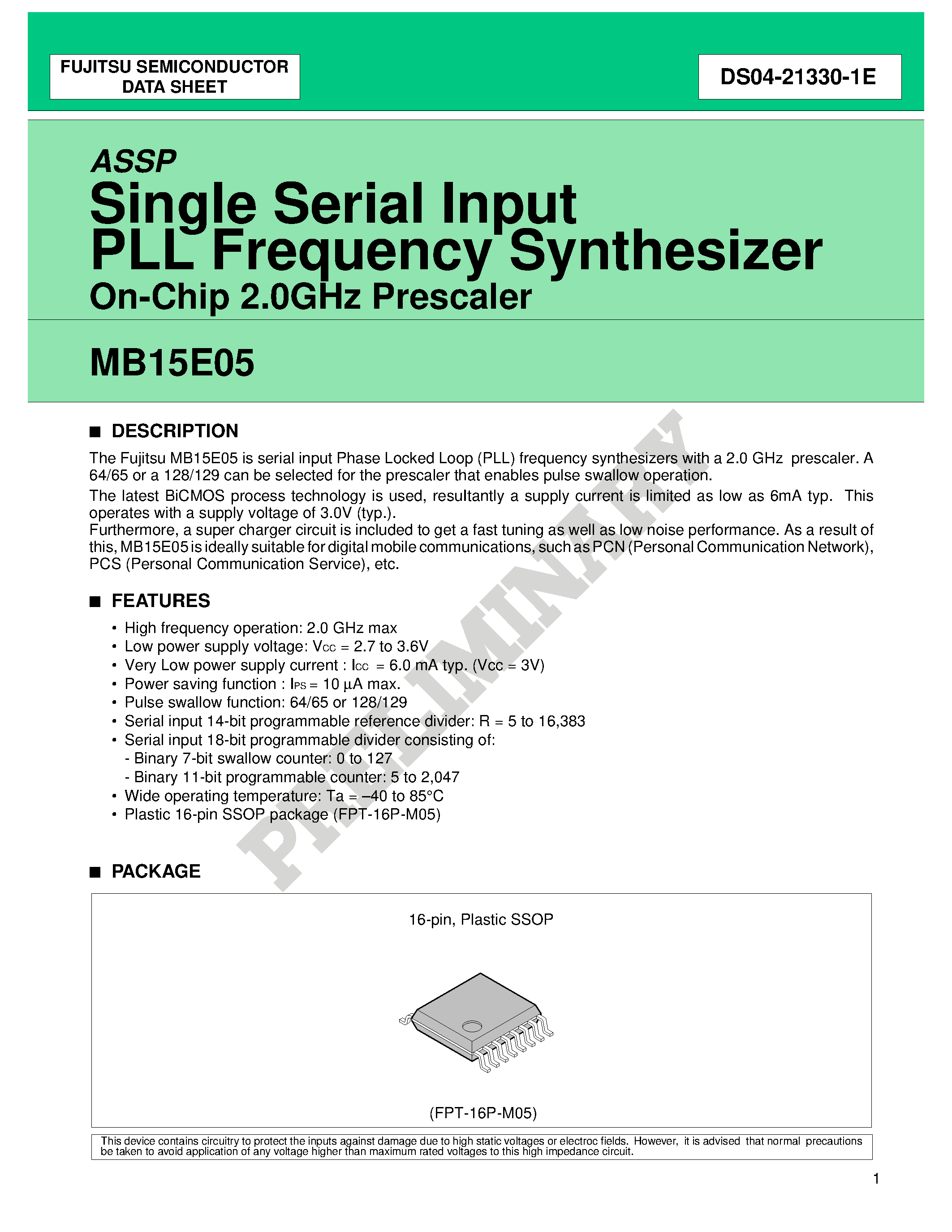 Datasheet MB15E05 - ASSP Single Serial Input PLL Frequency Synthesizer On-Chip 2.0GHz Prescaler page 1