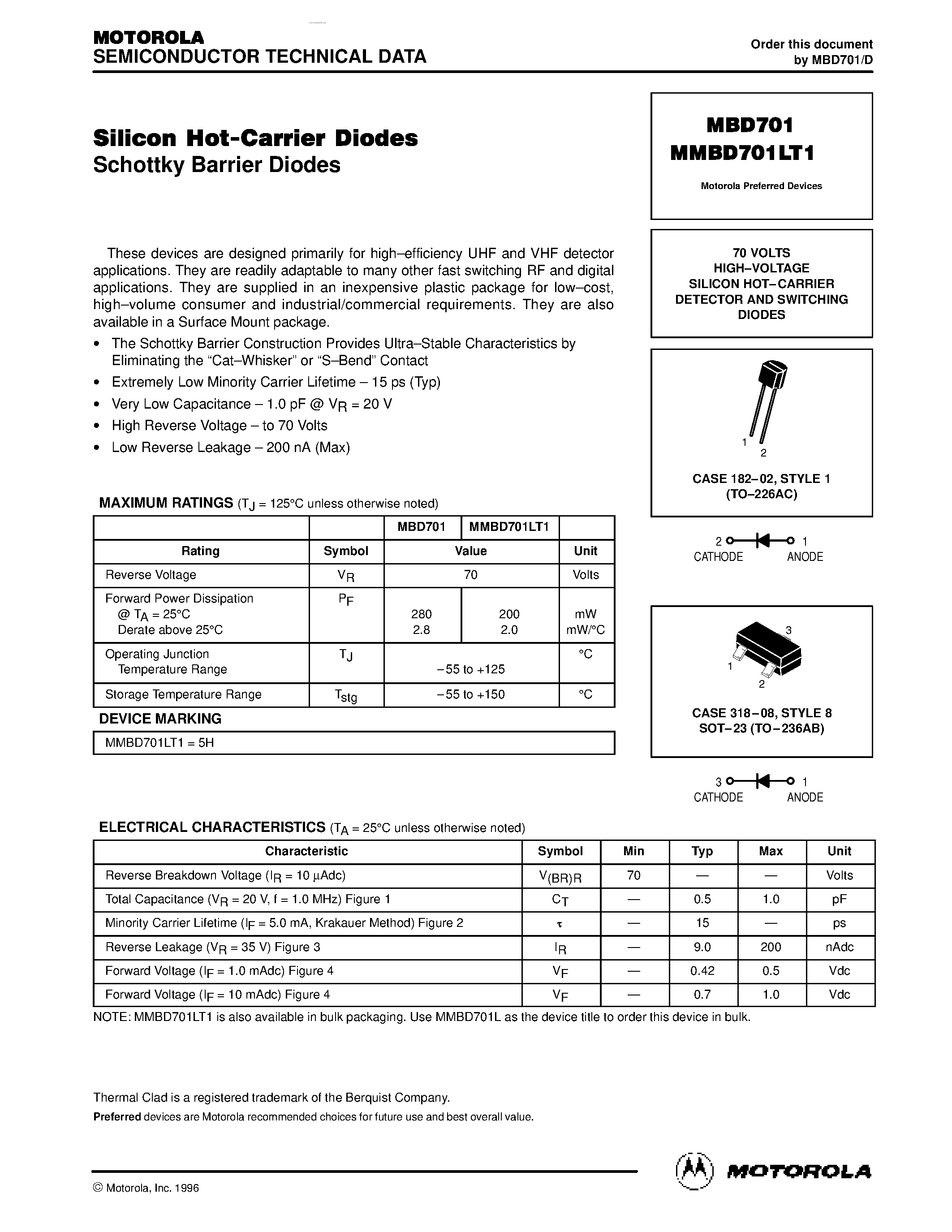 Даташит на микросхему MBD701 страница 1 Даташит MBD701 - CARRIER DETECTOR AND SWITCHING DIODES страница 1