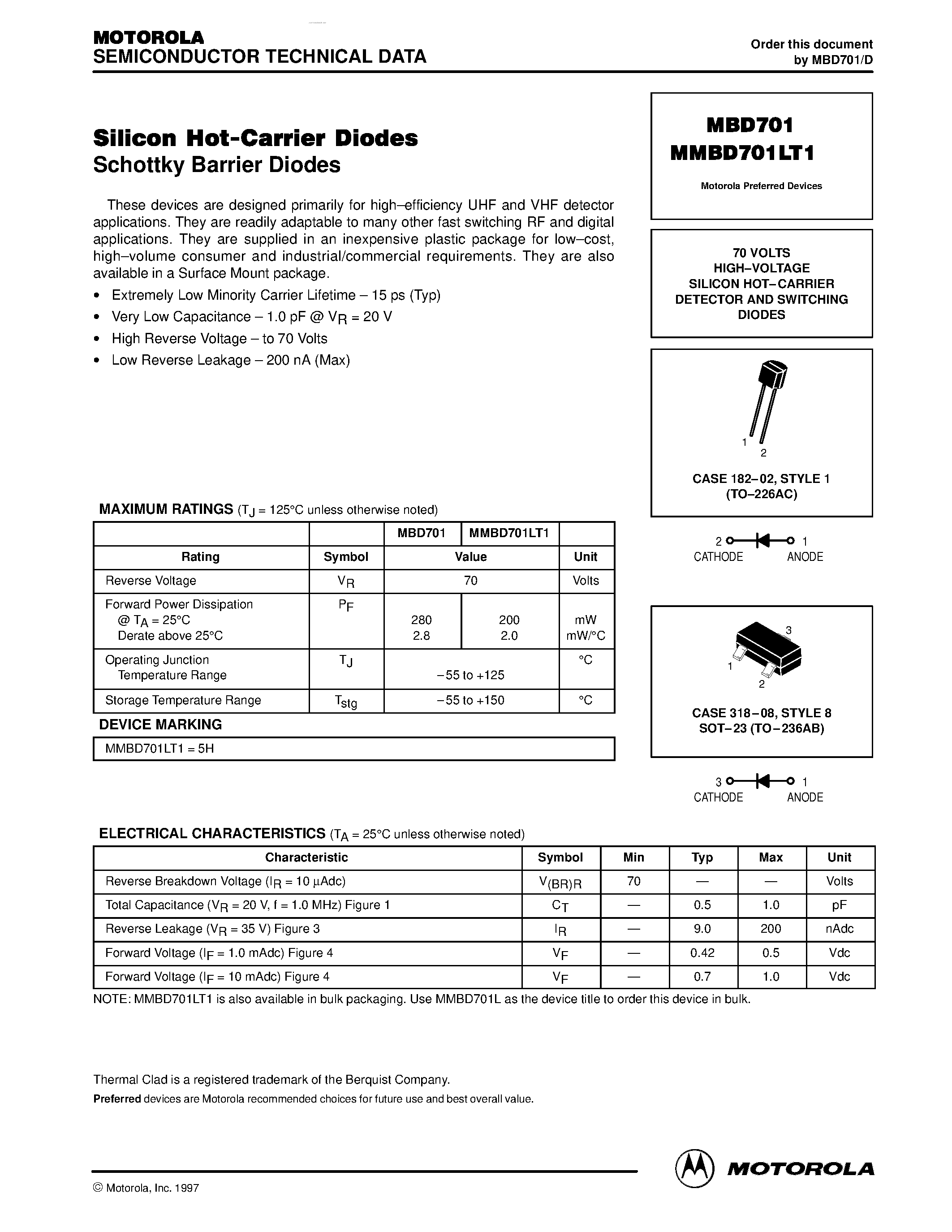 Datasheet MMBD701LT1 - CARRIER DETECTOR AND SWITCHING DIODES page 1