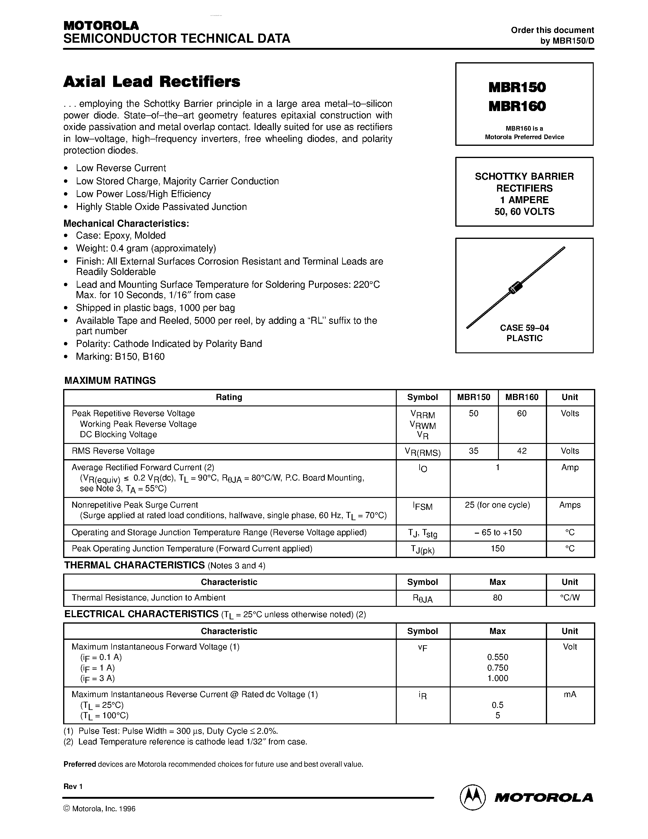 Datasheet MBR150 page 1 Datasheet MBR150 - (MBR150 / MBR160) Axial Lead Rectifiers page 1