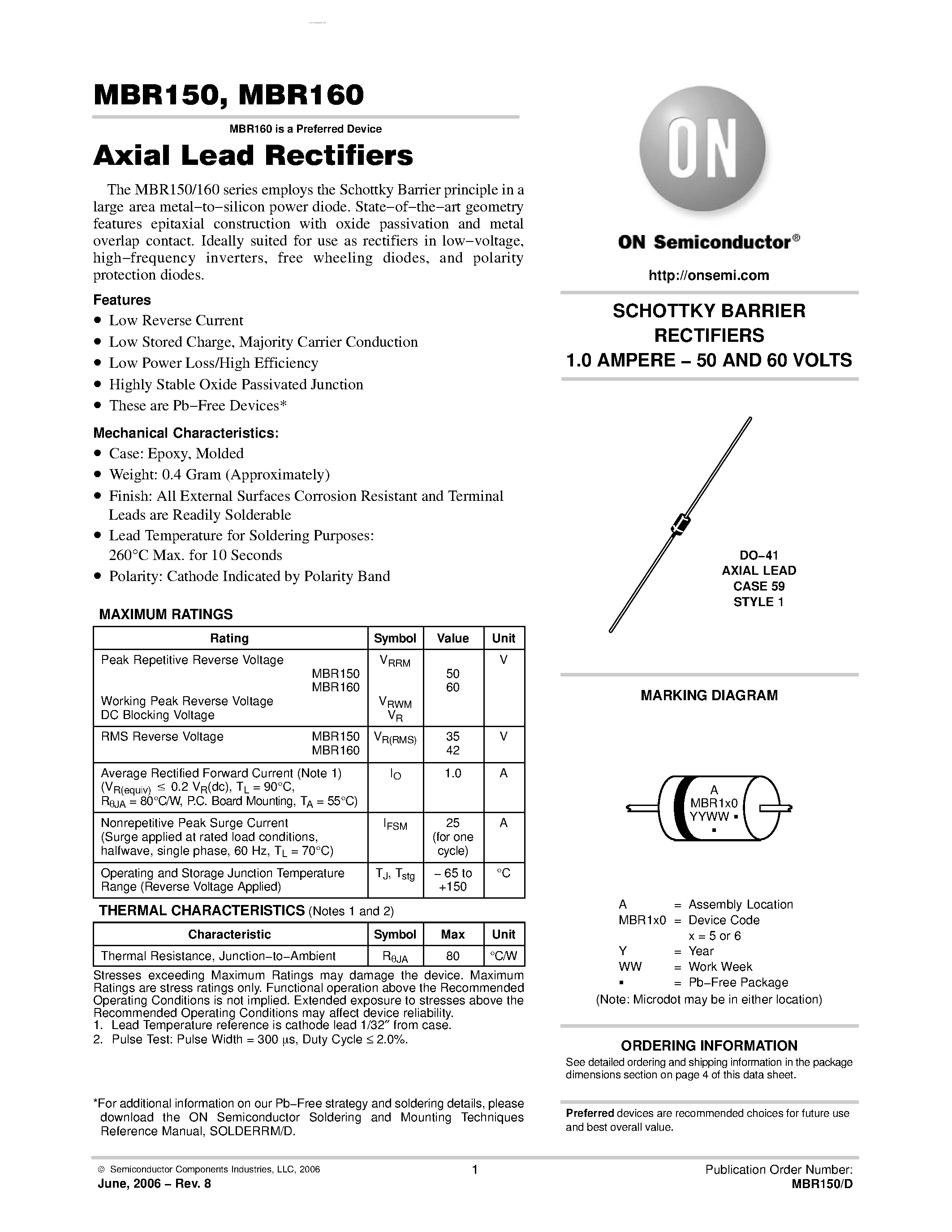 Datasheet MBR150 - (MBR150 / MBR160) Axial Lead Rectifiers page 1