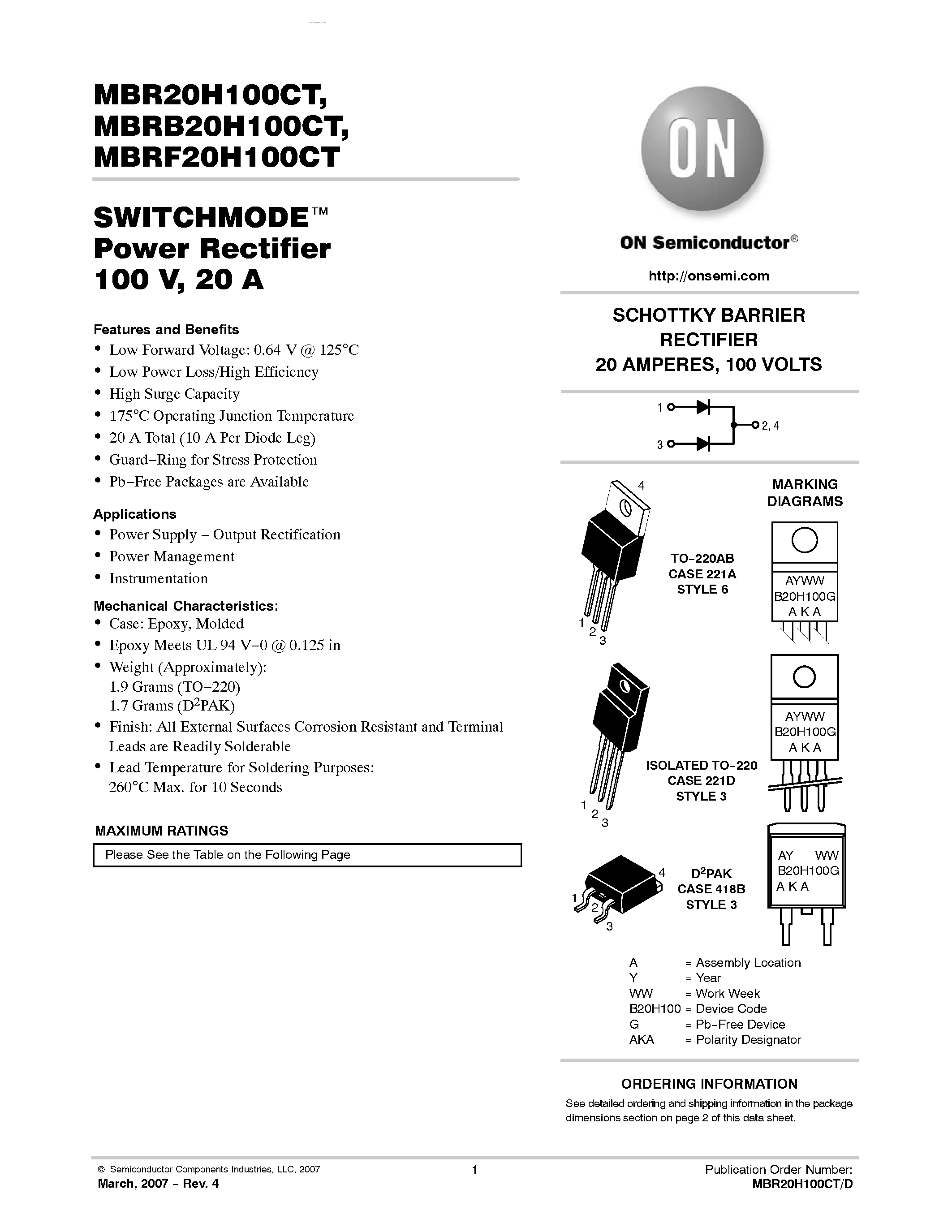 Даташит MBR20H100CT - SWITCHMODE Power Rectifier страница 1