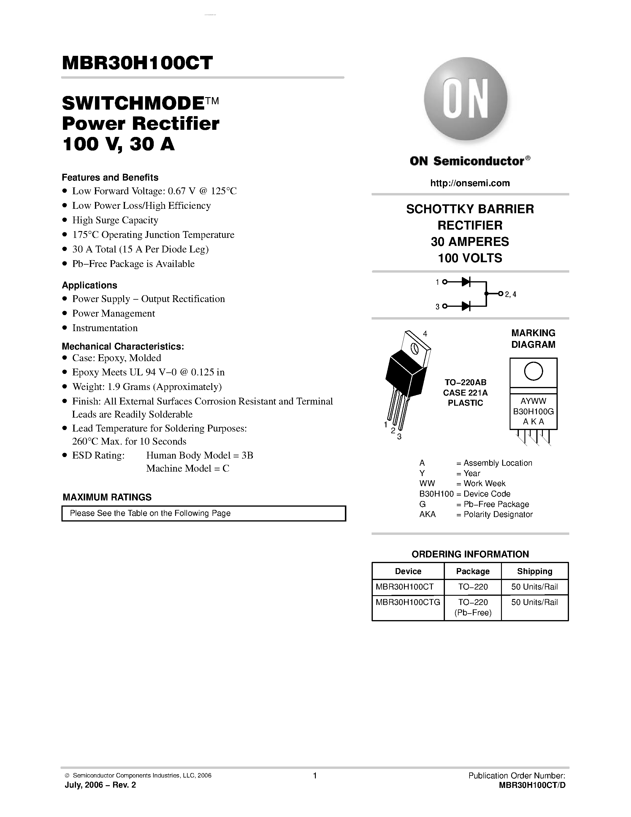 Даташит MBR30H100CT - SWITCHMODE Power Rectifier страница 1