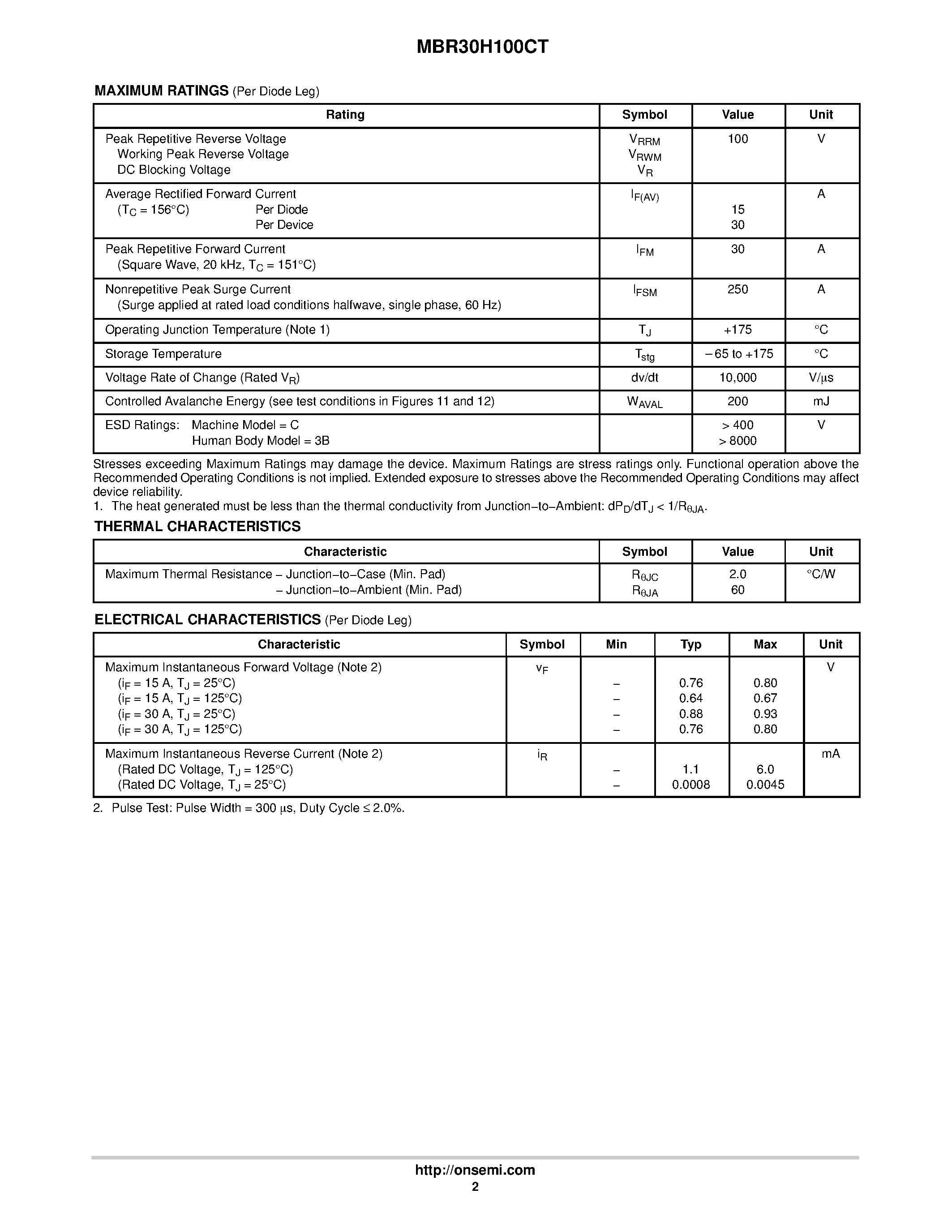 Даташит MBR30H100CT - SWITCHMODE Power Rectifier страница 2