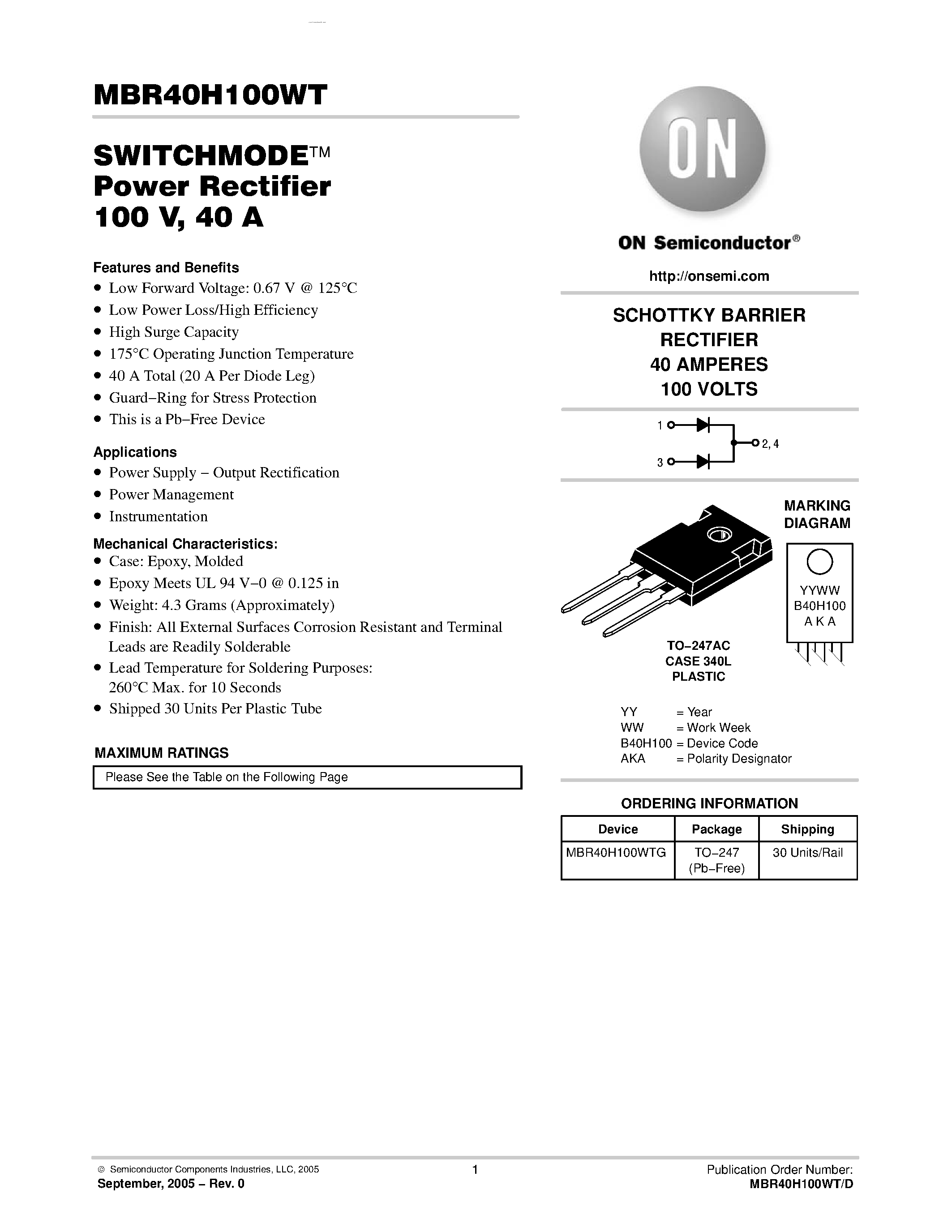 Даташит MBR40H100WT - Power Rectifier страница 1