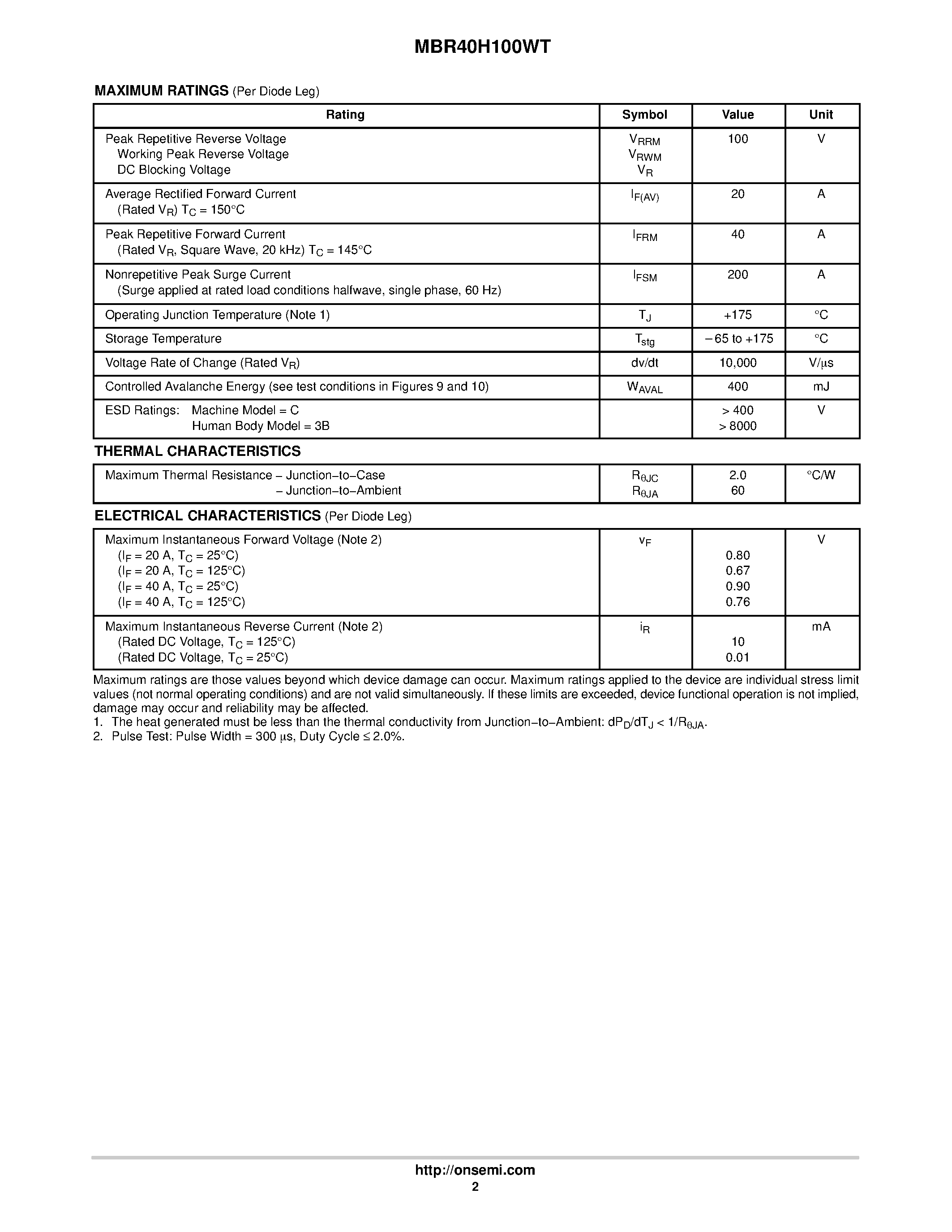 Даташит MBR40H100WT - Power Rectifier страница 2