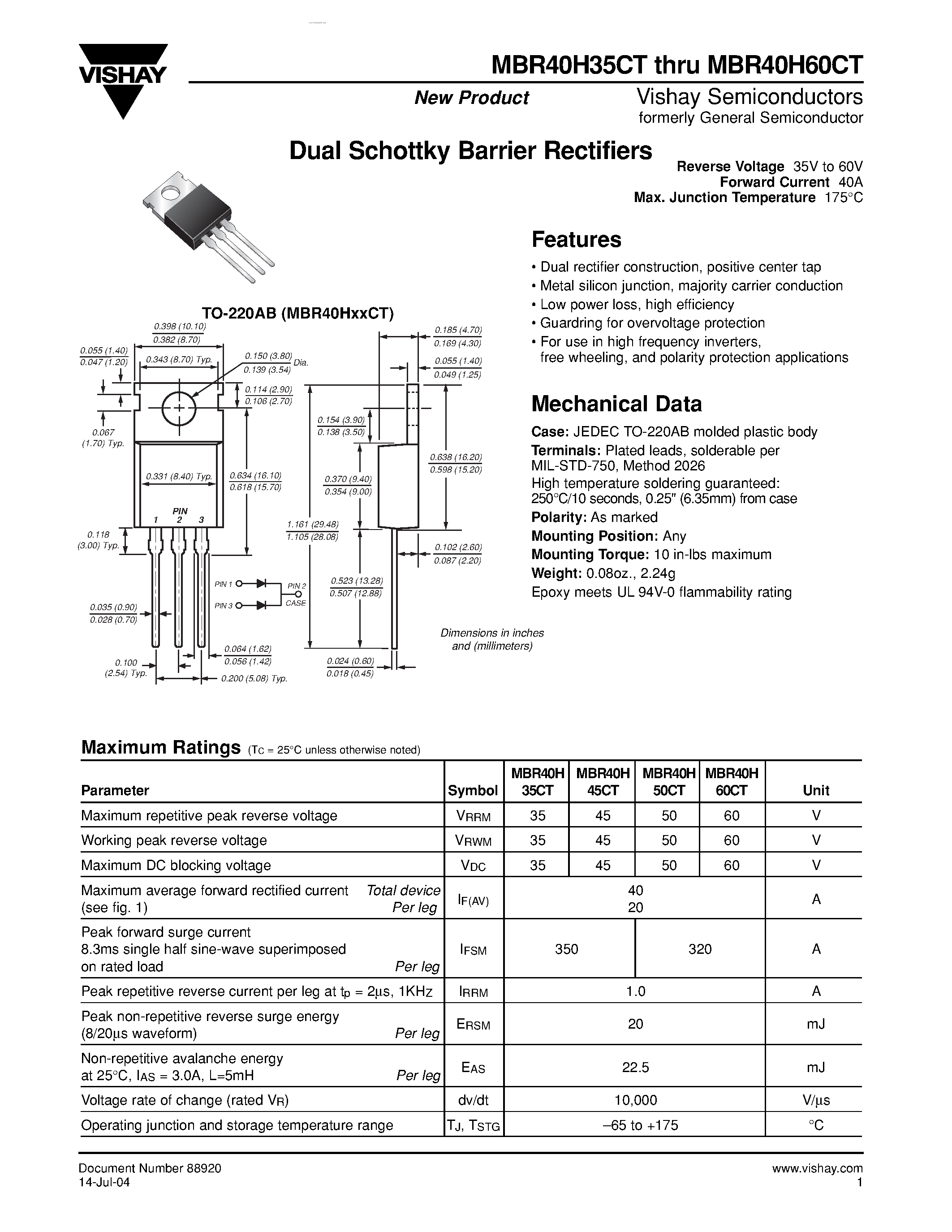 Datasheet MBR40H35CT - (MBR40H35CT - MBR40H60CT) Dual Schottky Barrier Rectifiers page 1