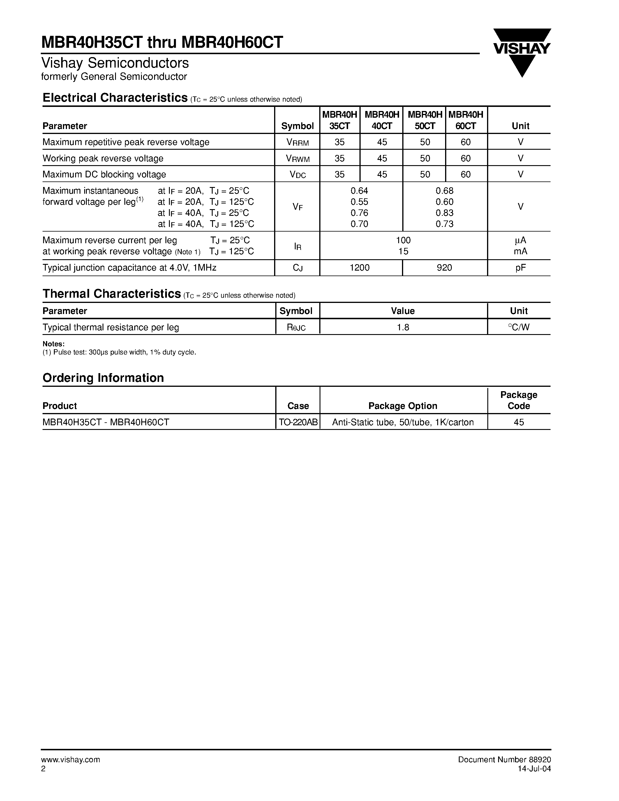 Datasheet MBR40H35CT - (MBR40H35CT - MBR40H60CT) Dual Schottky Barrier Rectifiers page 2